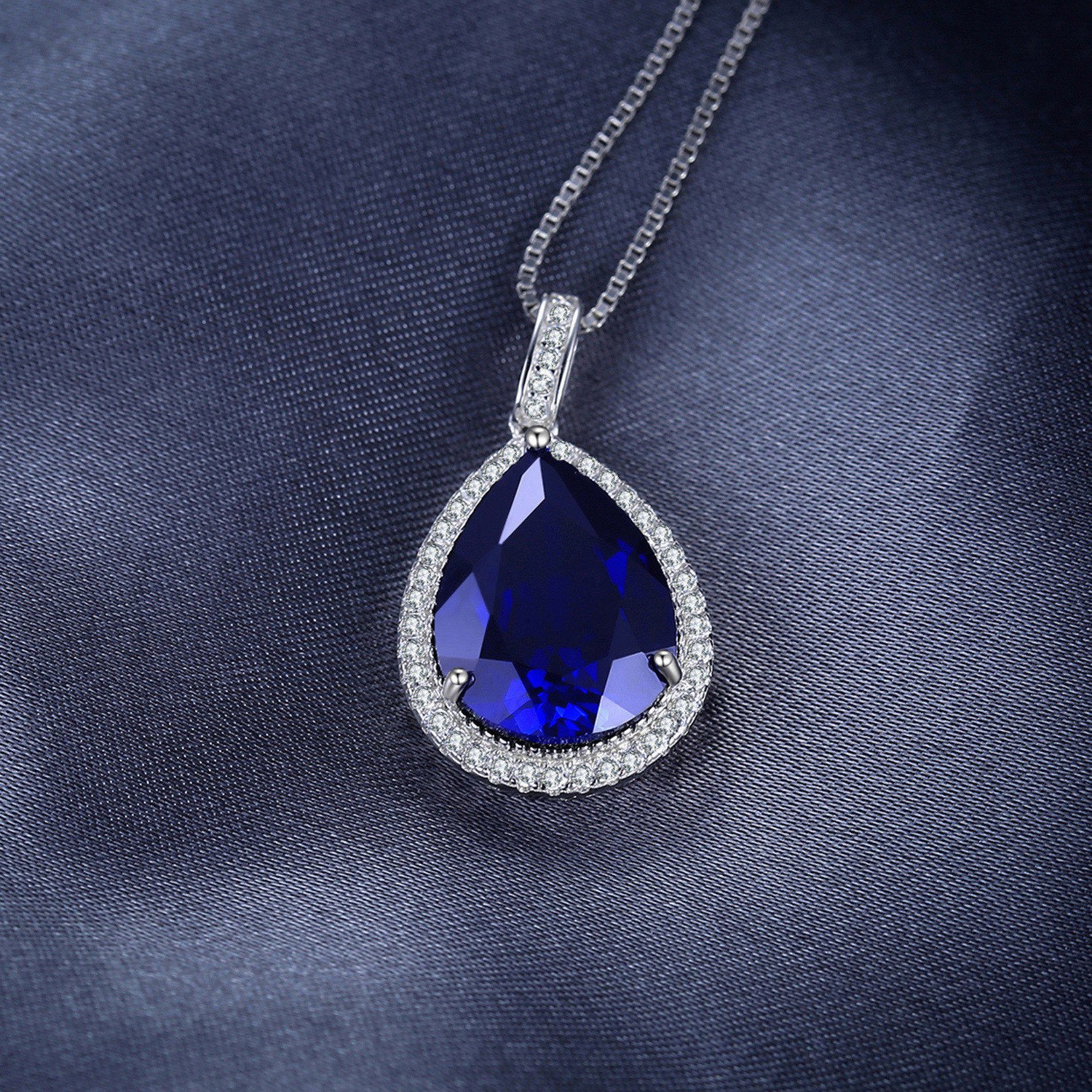 JewelryPalace Collar Halo Mujer Plata con 10.9ct Colgante Zafiro Azul Creado Corte Pera en Cadena de Caja 45cm, Plata de Ley 925, Niña con Piedra Preciosa, Conjunto Joyas Mujer