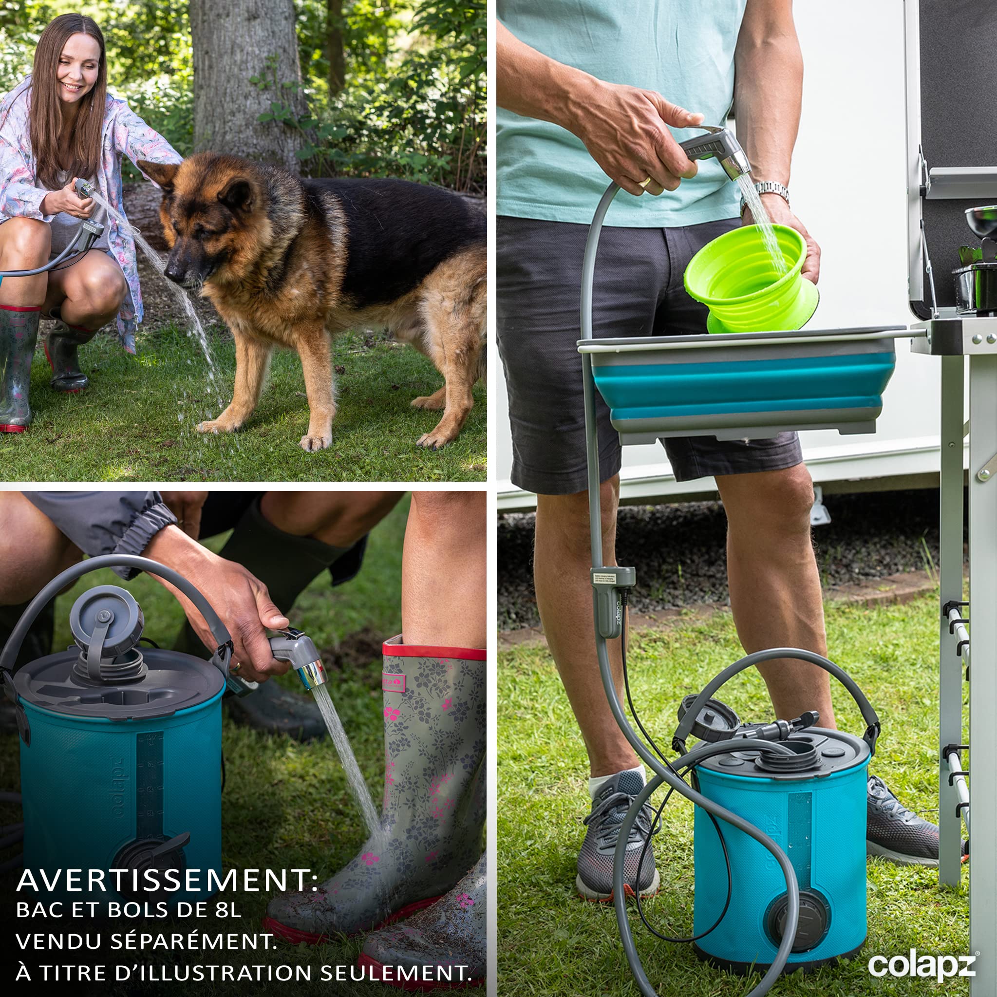 Colapz Douche de Camping Rechargeable, Portable Nomade pour Van, Tente Douche, Voiture, Vélos et Chiens - 3 Pommeaux - 1 Étui Transport inclus - Indispensable Camping-car