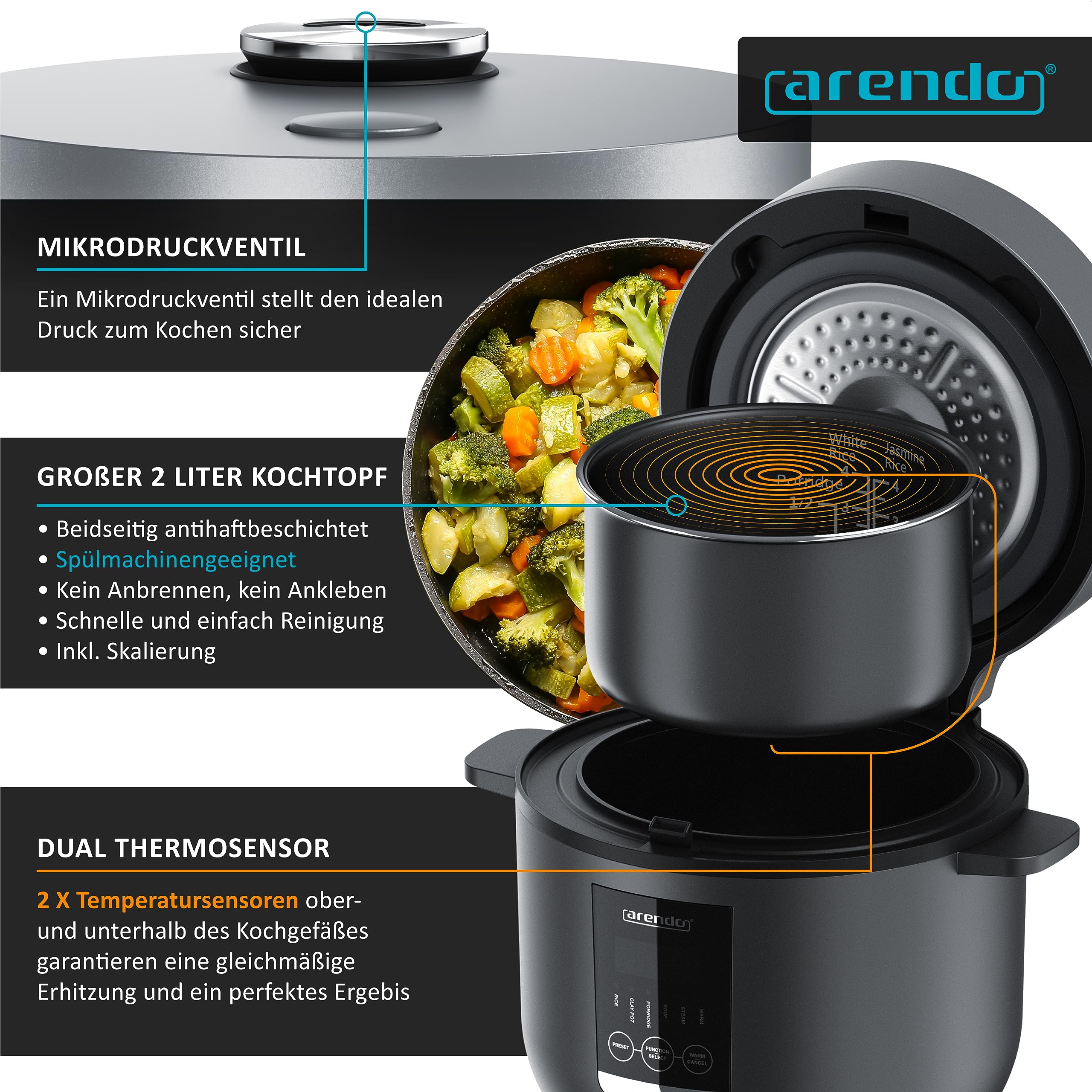 Arendo - digitaler Multikocher 2 Liter 350 Watt Multikocher mit Dampfgareinsatz und Messbecher, Reiskocher Multicooker – 5 Kochprogramme – Timer – antihaftbeschichtet – BPA-frei