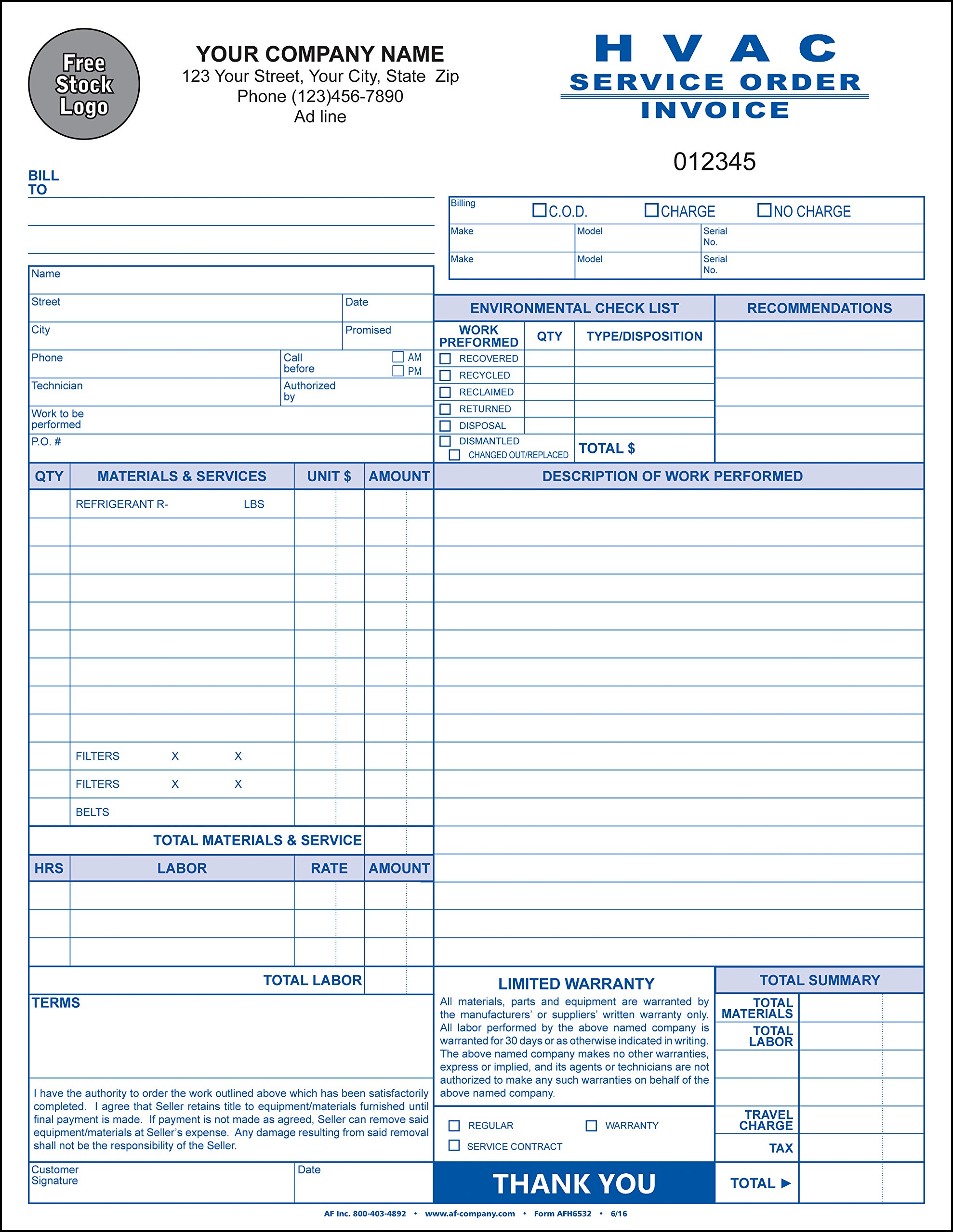 HVAC Service Order/Invoice, 3 Copy Triplicate, 8.5"x11" - Personalized for Free