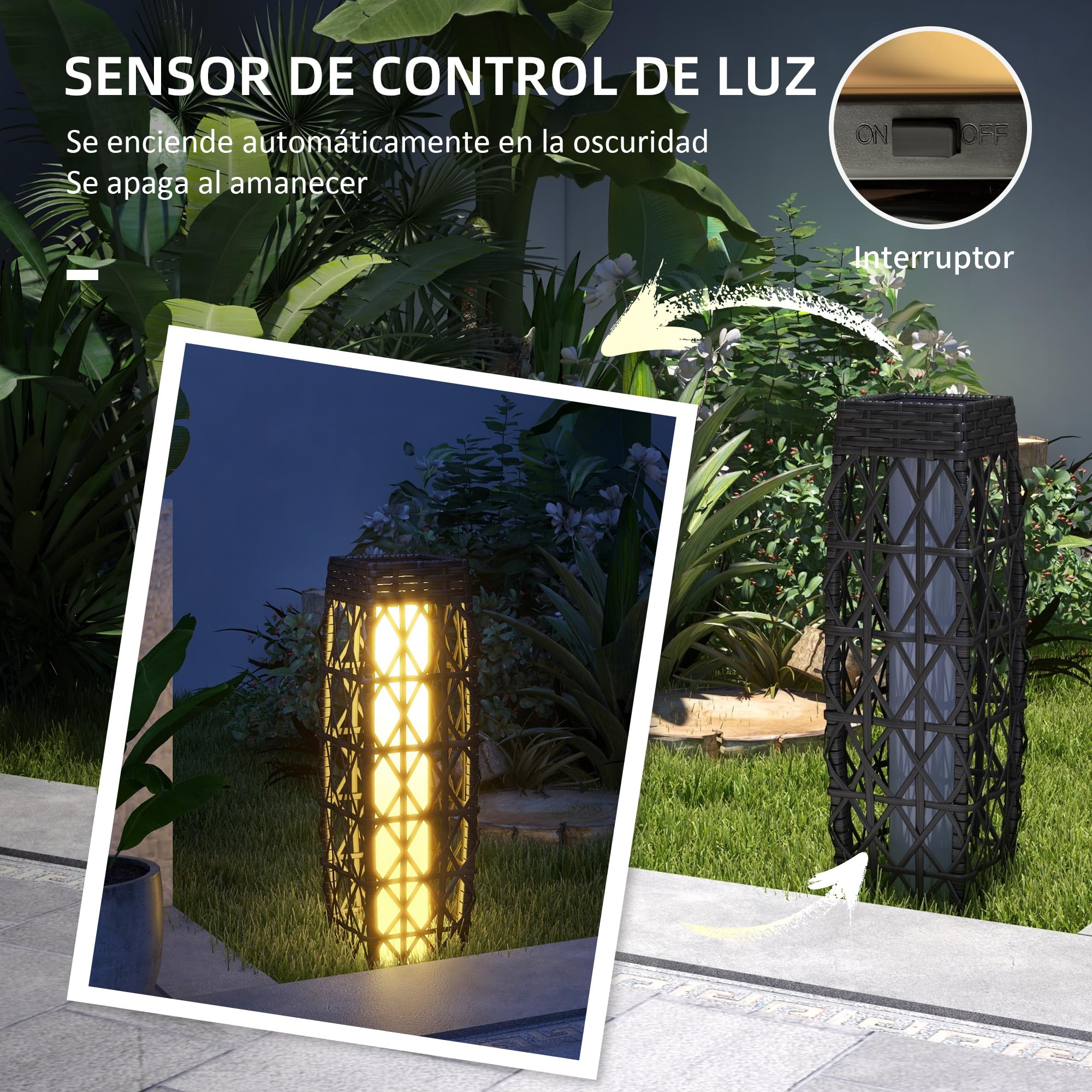 Outsunny Linterna de Jardín de Ratán Sintético Farola Solar con Luces LED Encendido y Apagado Automático para Terraza Balcón Patio 20x20x68 cm Gris
