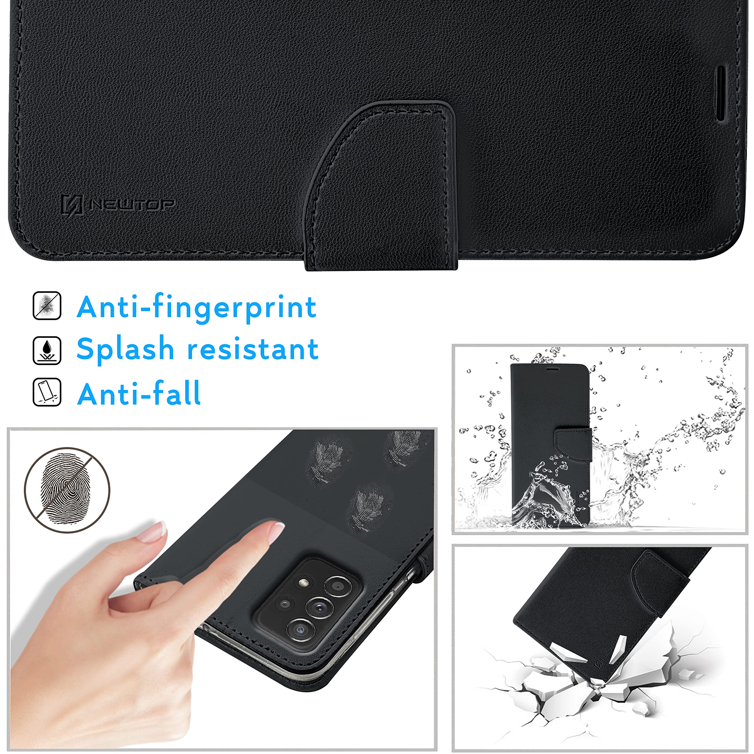 N NEWTOP Cover Compatibile con Samsung Galaxy A52 4G - 5G, HQ Lateral Custodia Libro Flip Chiusura Magnetica Portafoglio Simil Pelle Stand (Nero)