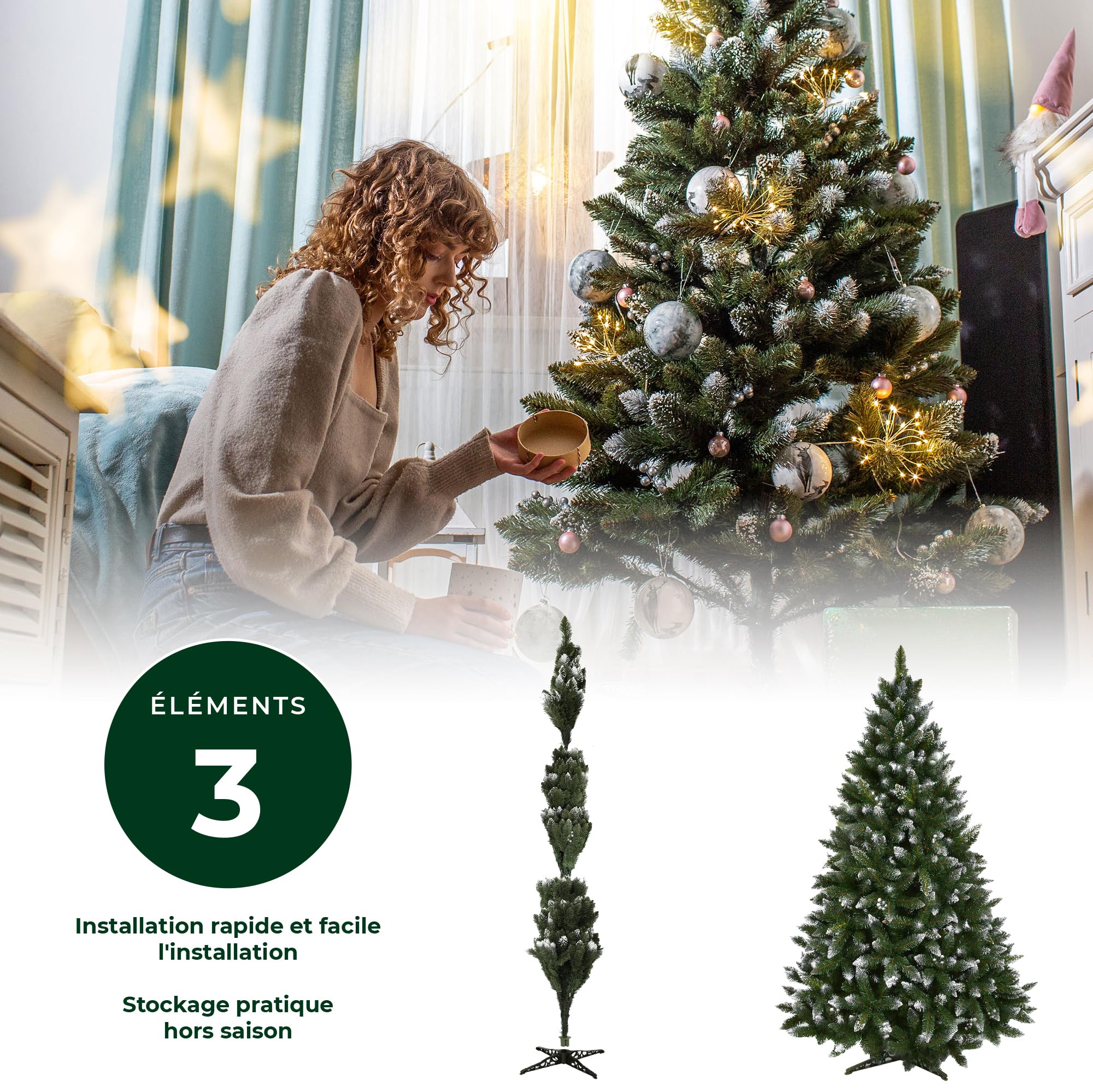 KADAX Sapin de Noël 220 en Film PVC, Pin de Diamant avec Billes argentées et Pneu de Givre, Sapin de Noël Artificiel avec 535 Branches, Sapin avec Support en Plastique Ø env. 110 cm
