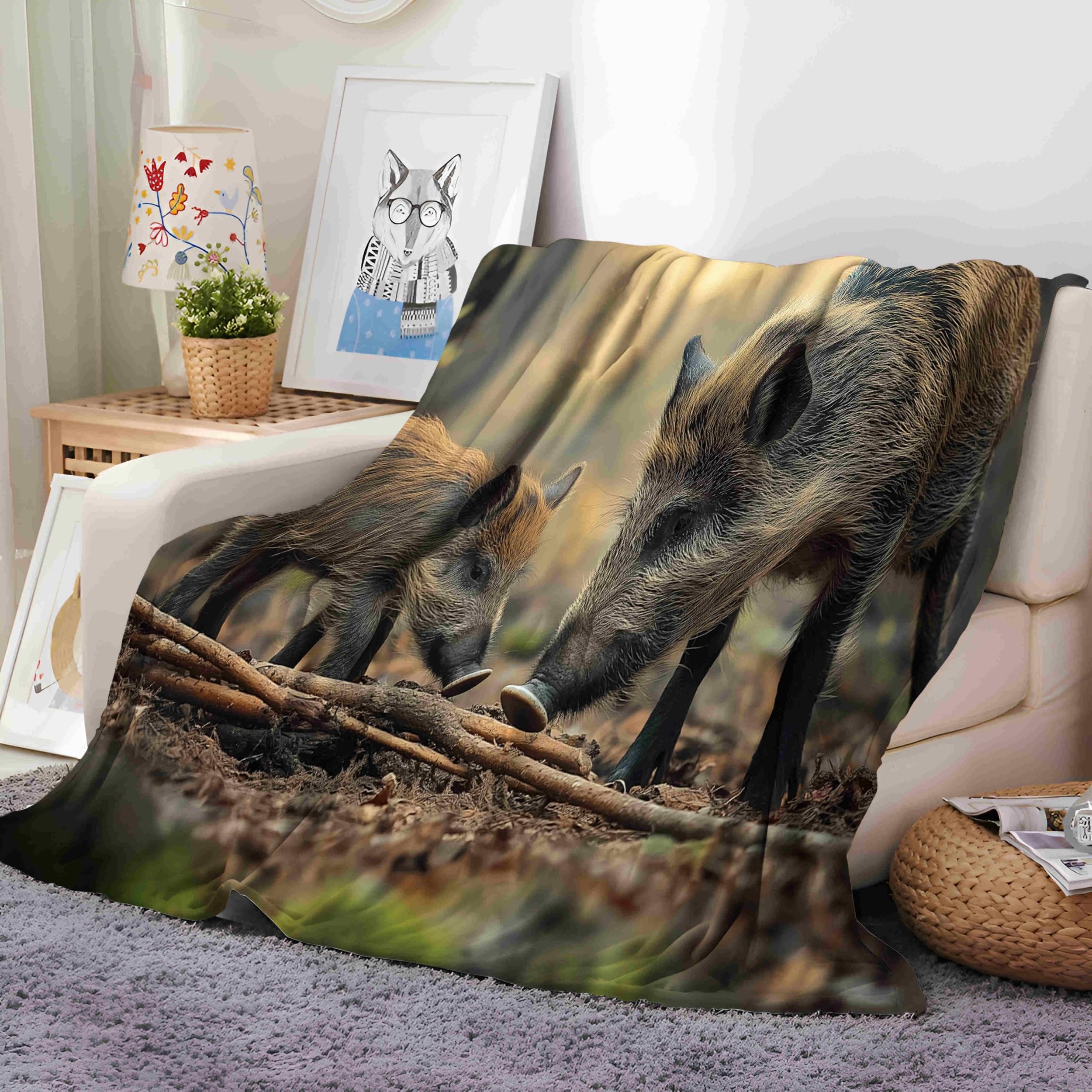 Forêt Faune Sanglier Plaid Polaire, Couverture et Plaid Canapé Grande Taille en Flanelle Douce et Chaude Brun Confortable pour Enfants et Adultes, Chambre et Lit 150x200 cm