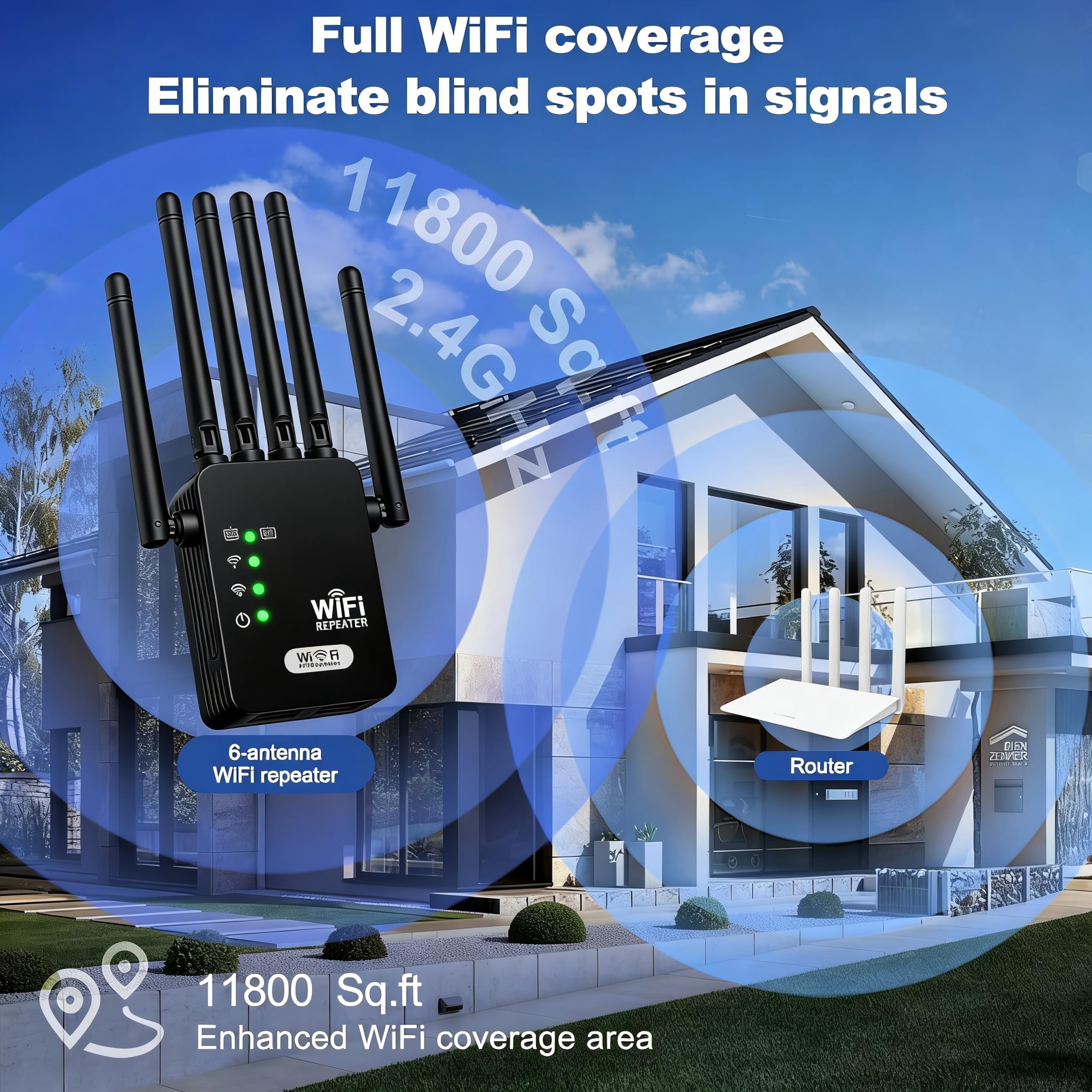 Répéteur WiFi Puissant, 1200M Amplificateur WiFi de dernière Technologie avec6 antennes Couvrant Une superficie de11000m²,2 Ports LAN,répéteur WiFi pour la Maison et Le Bureau(Noir)