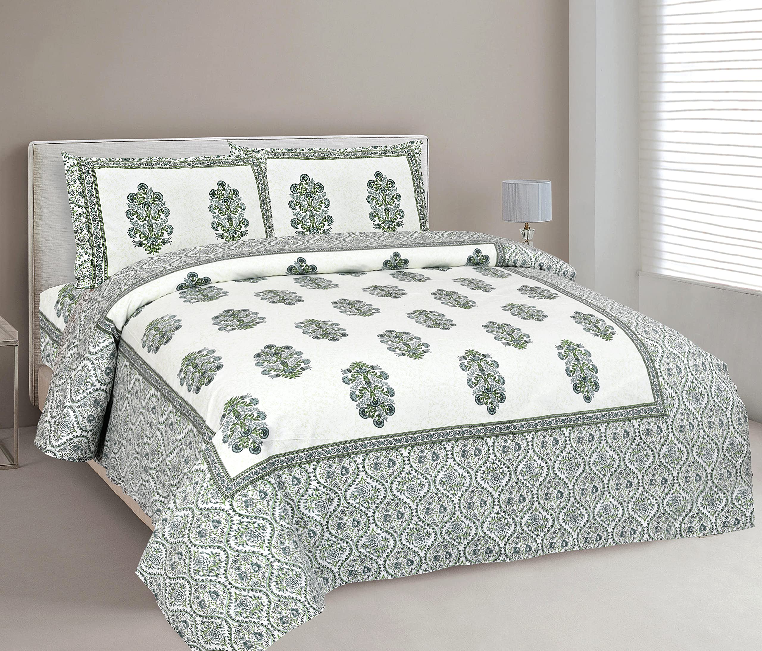 elanorhomes 180 TC 100% Cotton Double King Size Bedsheet with 2 Pillow Covers - Green Fulwari Print | Skin-Safe & Ultra-Soft | Breathable Cotton | 93x108 inches (B0D1194DST) Amazon Price History, Amazon Price Tracker