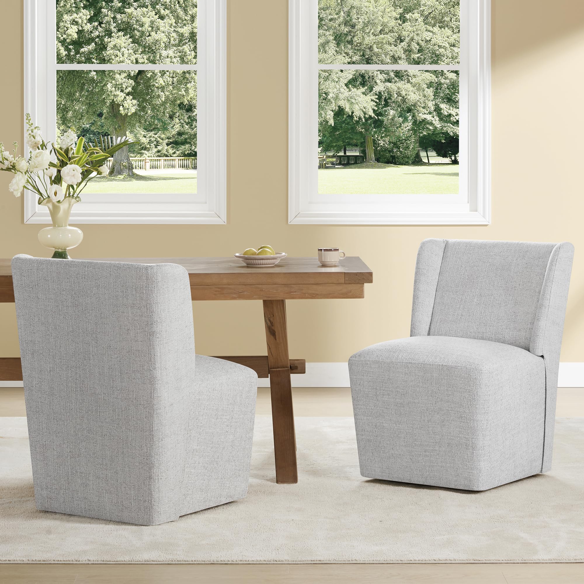 Upholstered Dining Chairs Set of 1 with Casters, Wingback Modern Side Armless Deskchair with Rollers for Diningroom Bedroom Livingroom Reading Room, Light Grey Fabric
