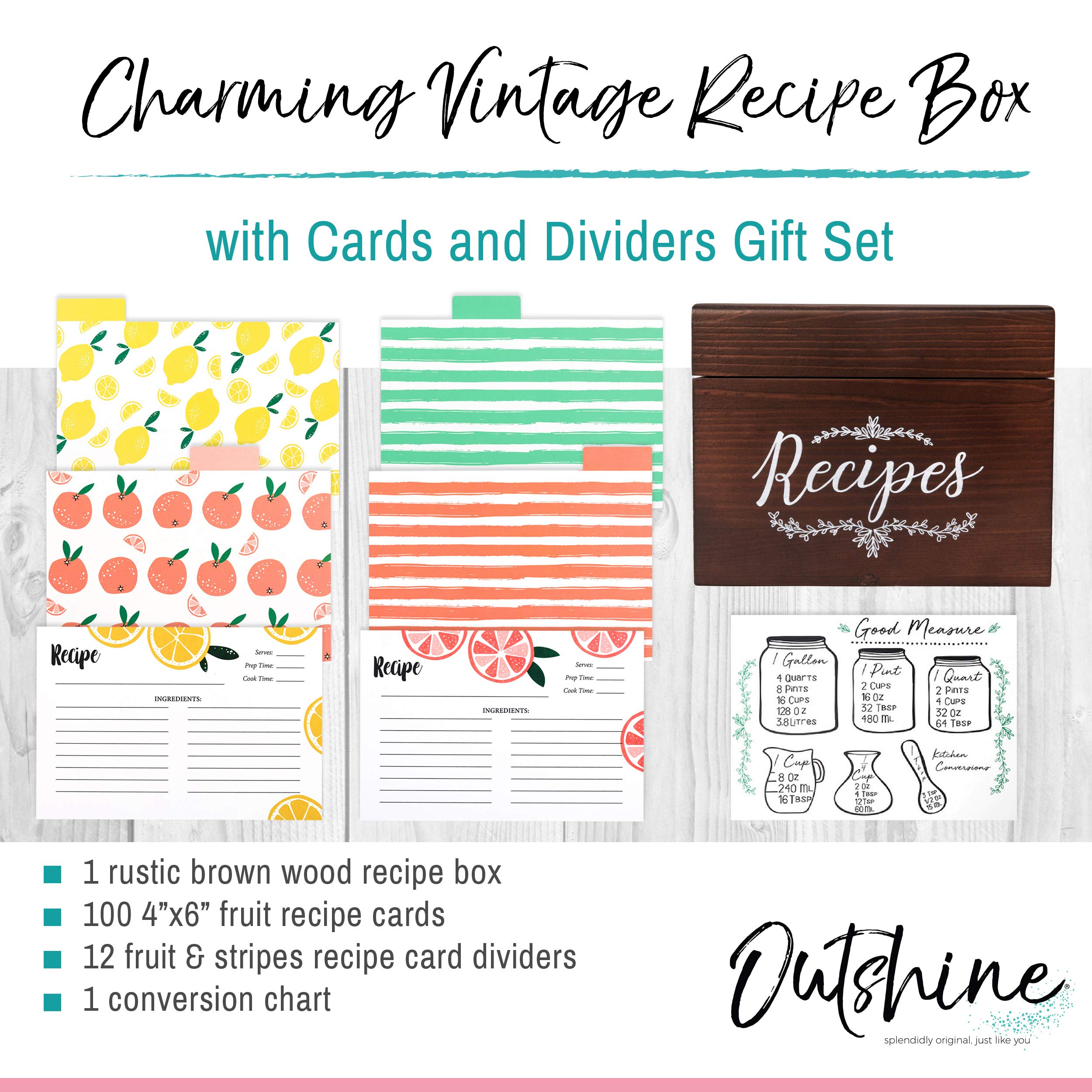 Buy Outshine Brown Wooden Recipe Box with Cards and Dividers Farmhouse Wood Recipe Card Box