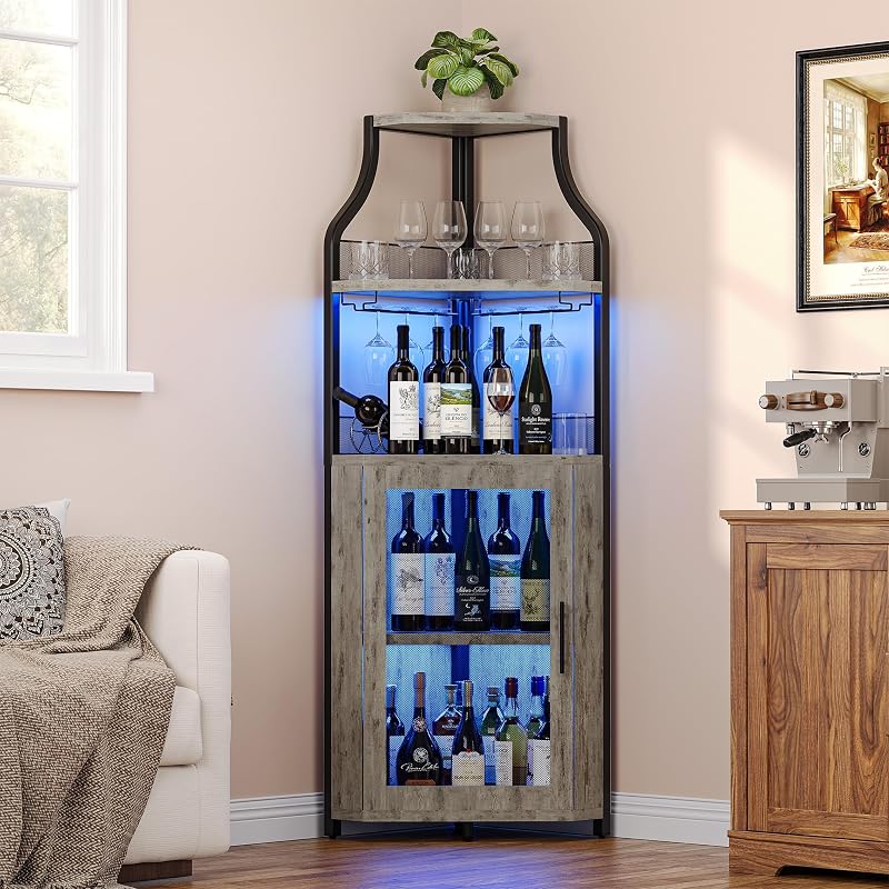 GarveeHome Corner Bar Wine Cabinet with LED Lights, 5-Tier Industrial Wine Cabinet with Glass Holder, Modern Liquor Cabinet with Adjustable Shelf, Home Bar Cabinet with Mesh Door, Grey
