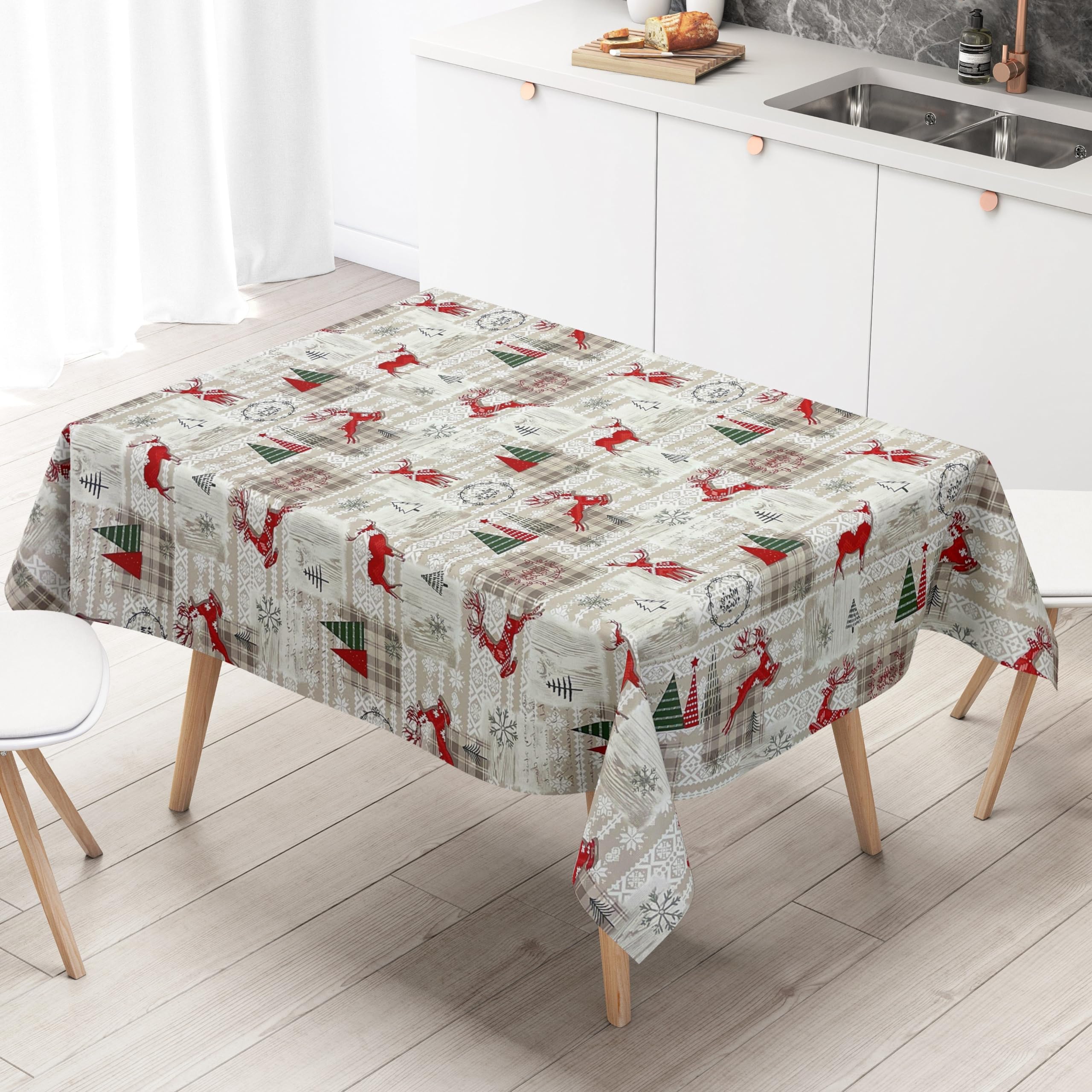 KEVKUS Nappe En Toile Cirée K25A - Motif : Noël, L'Avent Et Village D'hiver Au Choix - Rectangulaire, Ronde Ou Ovale - 140 X 180 Cm - Bord Coupé