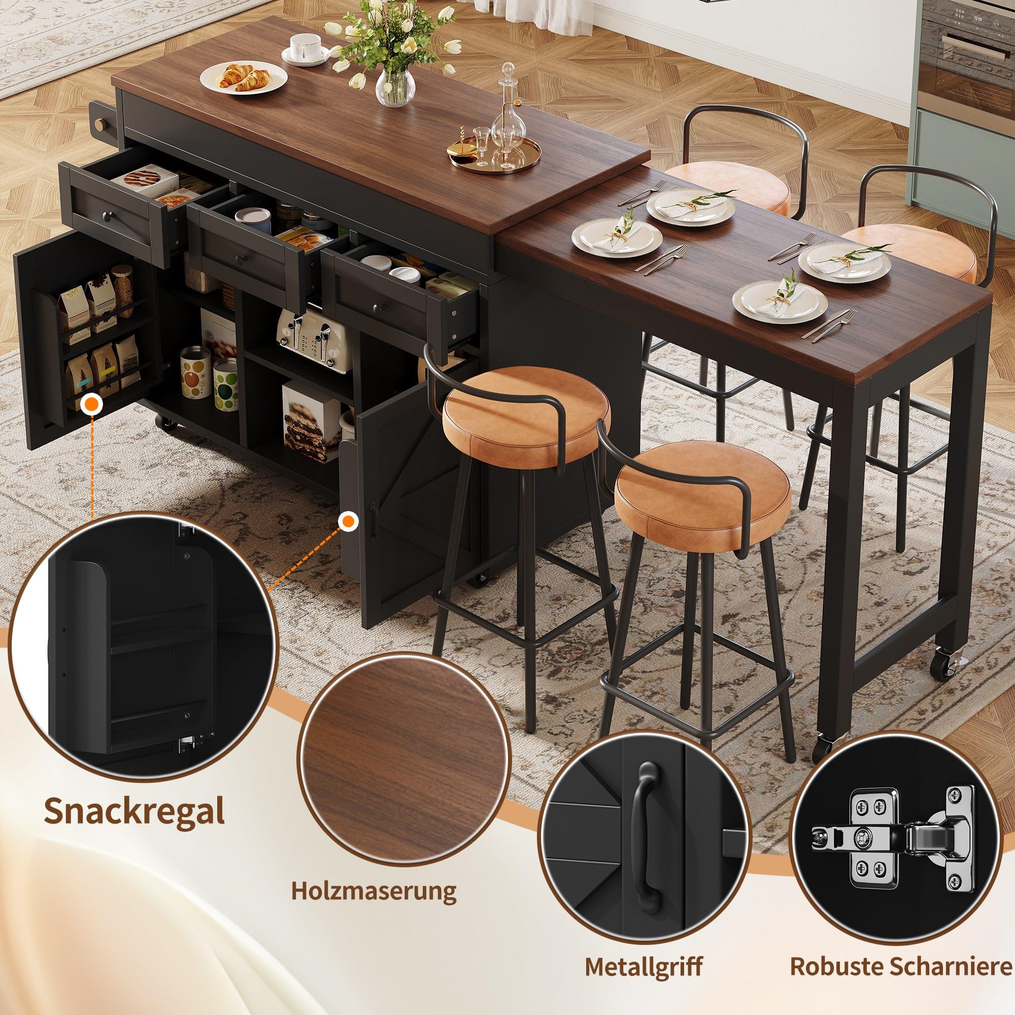 Kücheninsel, ausziehbarer Esstisch Bartisch (131,5-210 cm), 360° drehbare, mit Schubladen und Schränken, vielseitige Arbeitsplatte für Küche, Esszimmer, Schwarz