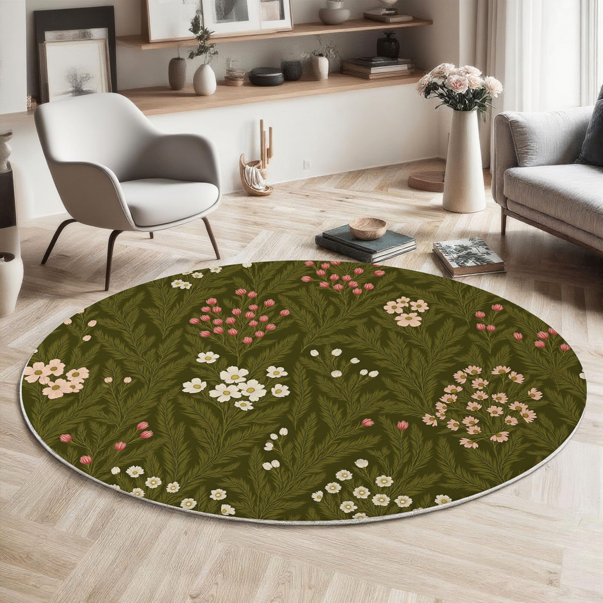 Tapis rond lavable machine 180 cm antidérapant motif floral vert olive