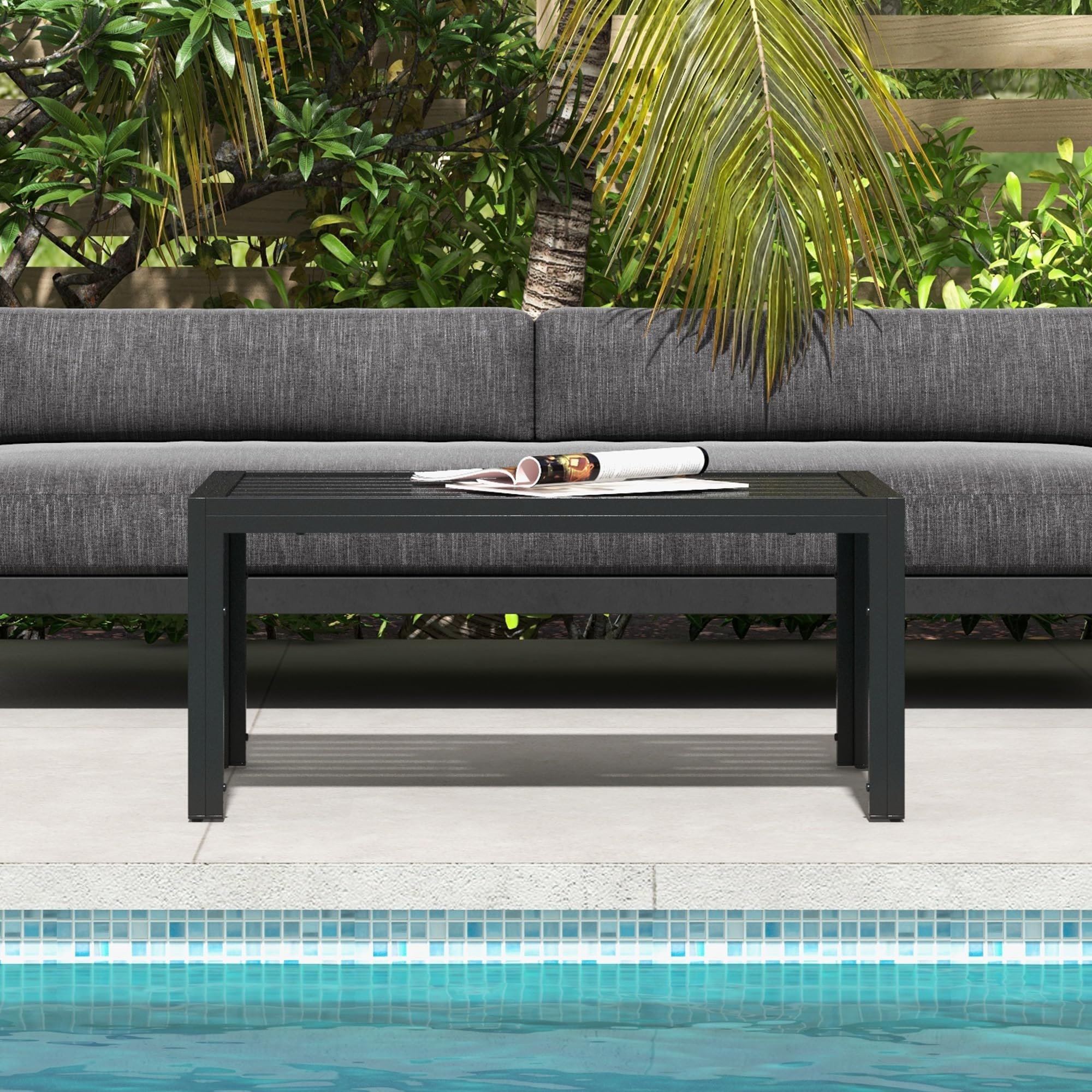 Outsunny Mesa de Centro de Jardín Rectangular, Mesa Auxiliar con Estructura de Acero Galvanizado y Superficie de Tablillas, Mesita de Café para Patio, Balcón, Terraza o Porche, Negro