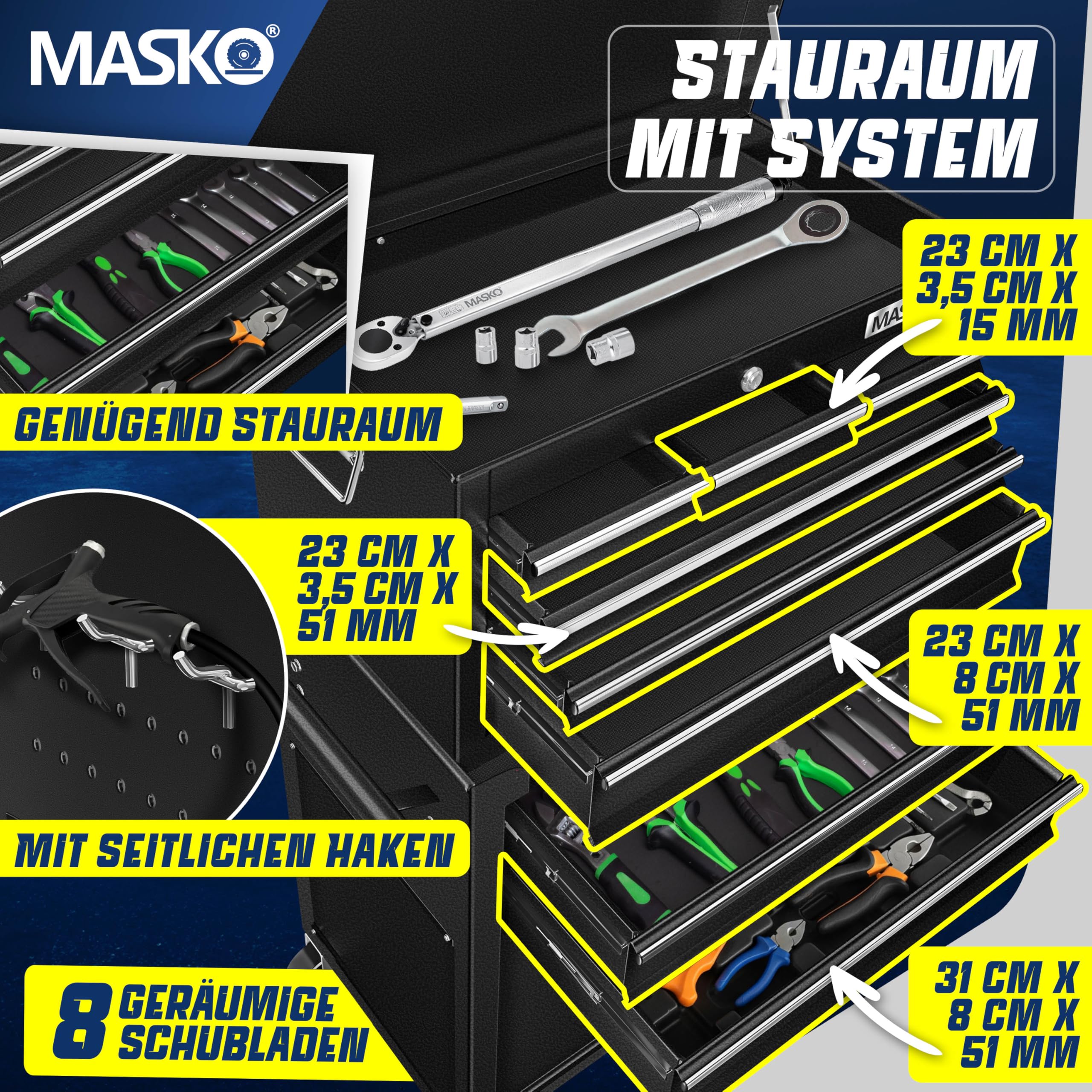 MASKO® Wózek warsztatowy z walizką, 9 przegródek, zamykany, masywny metal, mobilny, profesjonalny z zamkiem, czarny