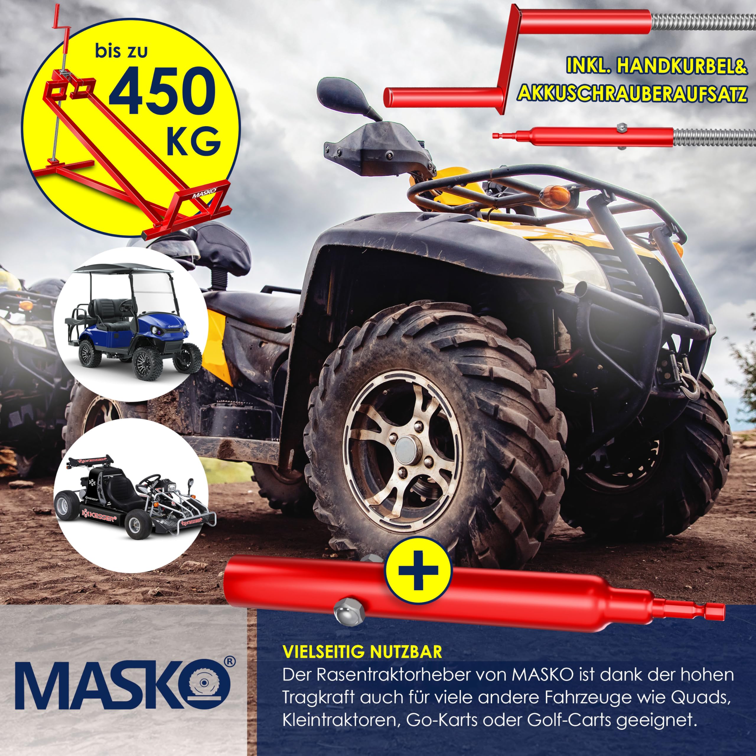 MASKO Elevador de tractor de césped XXL, 450 kg, dispositivo elevador, plataforma elevadora, herramienta de limpieza universal, elevación de tractor de césped, inclinación ajustable +45°, incluye