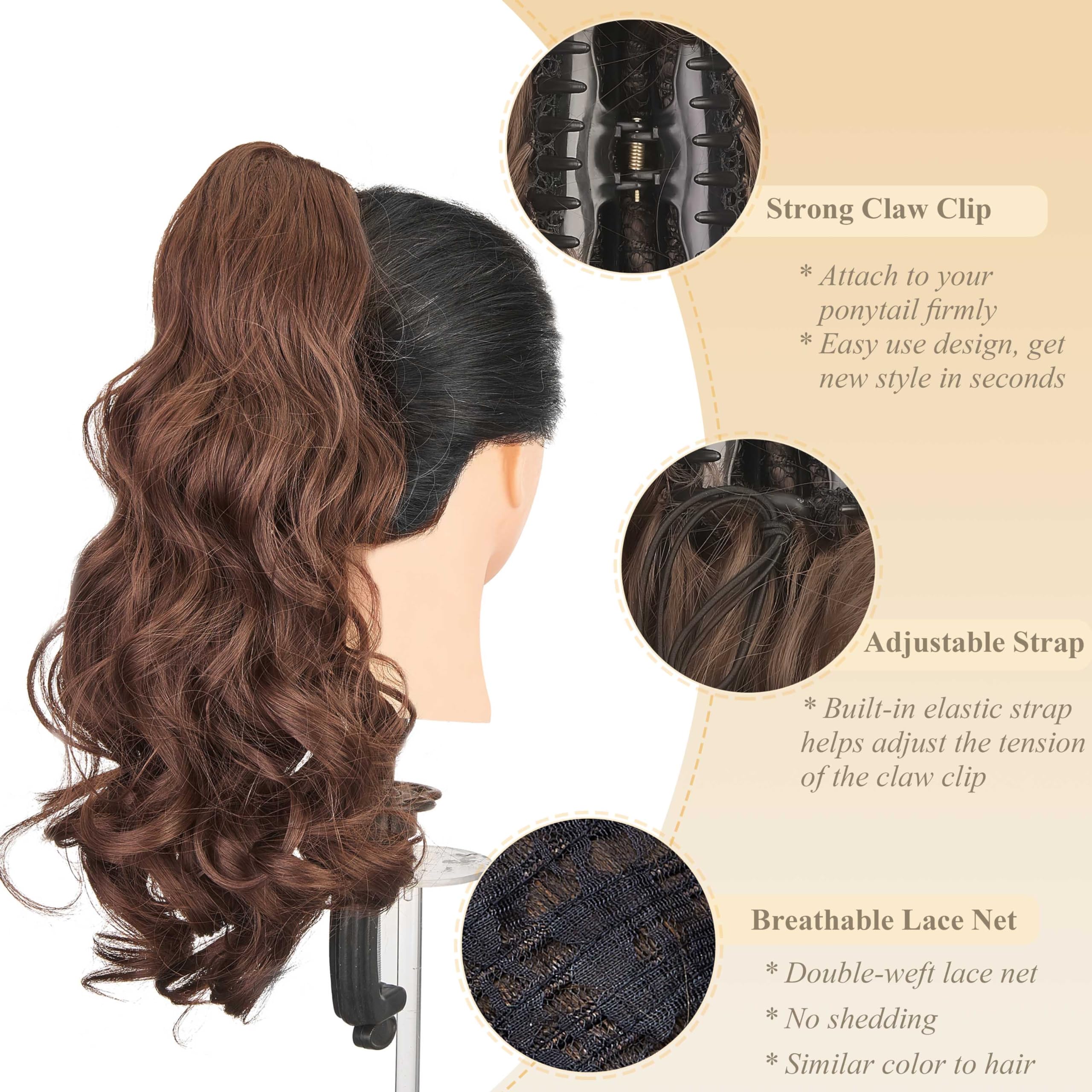 Gairyan 18inch Ponytail Extension Clip in Ponytail Hair Extensions Curly Wavy Pony Tails Claw on Ponytail Long Synthetic Hairpieces for Women Soft Real Look Wave (Dark Brown & Dark Auburn) - Image 3