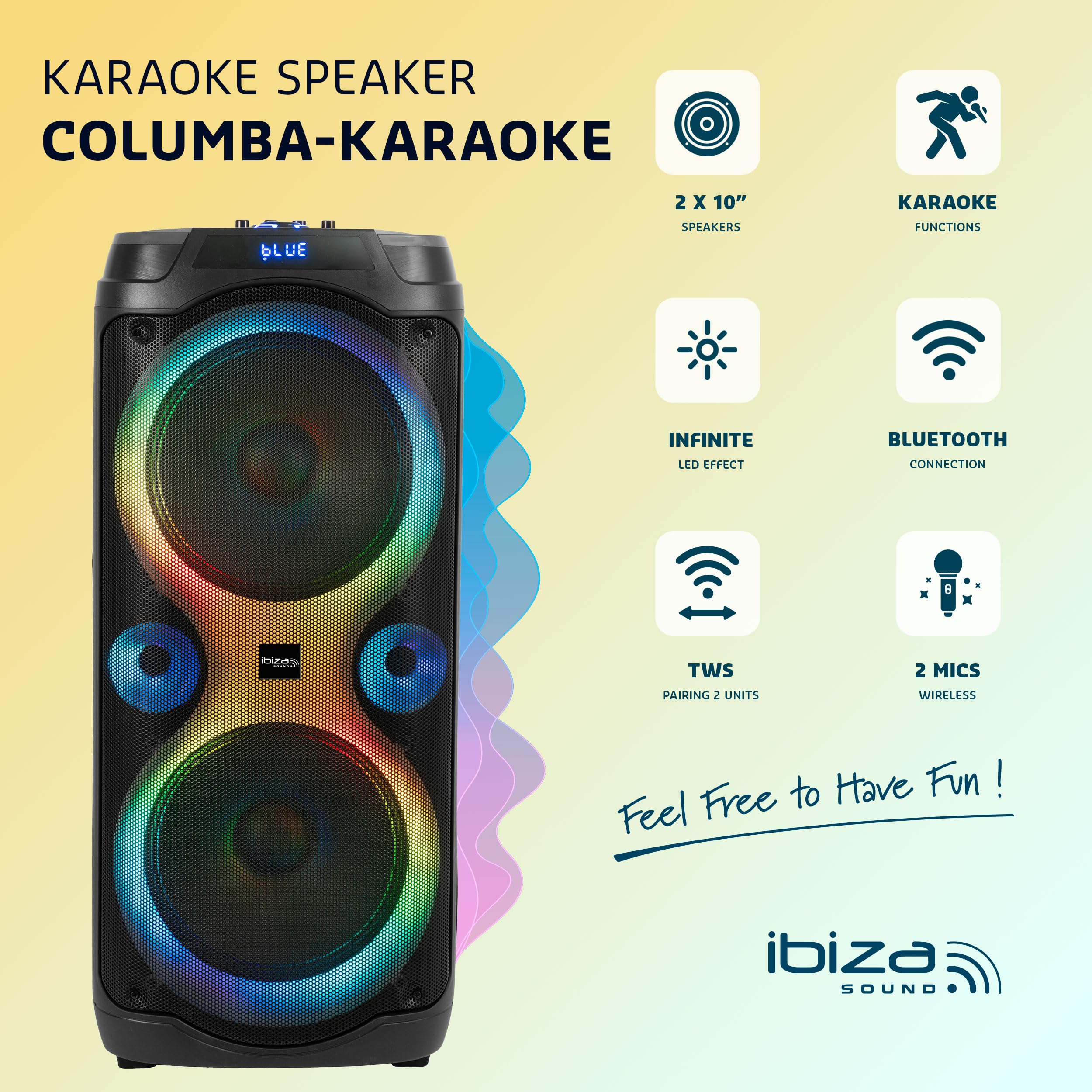 Ibiza - Columba-Karaoke - Enceinte Bluetooth Karaoke avec 2 Micros sans Fil - Changeur de Voix, lumières LED, Talkover et Fonction Rec - Soirées Karaoké