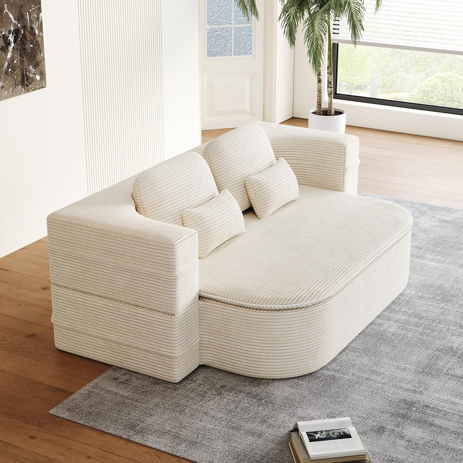 75'' Convertible Floor Folding Couch, 2-in-1 Sleeper Sofa Bed with Memory Foam, Foldable Sofa with 4 Pillows & Blanket for Living Room, Apartment, No Assembly Needed (Beige - Corduroy)