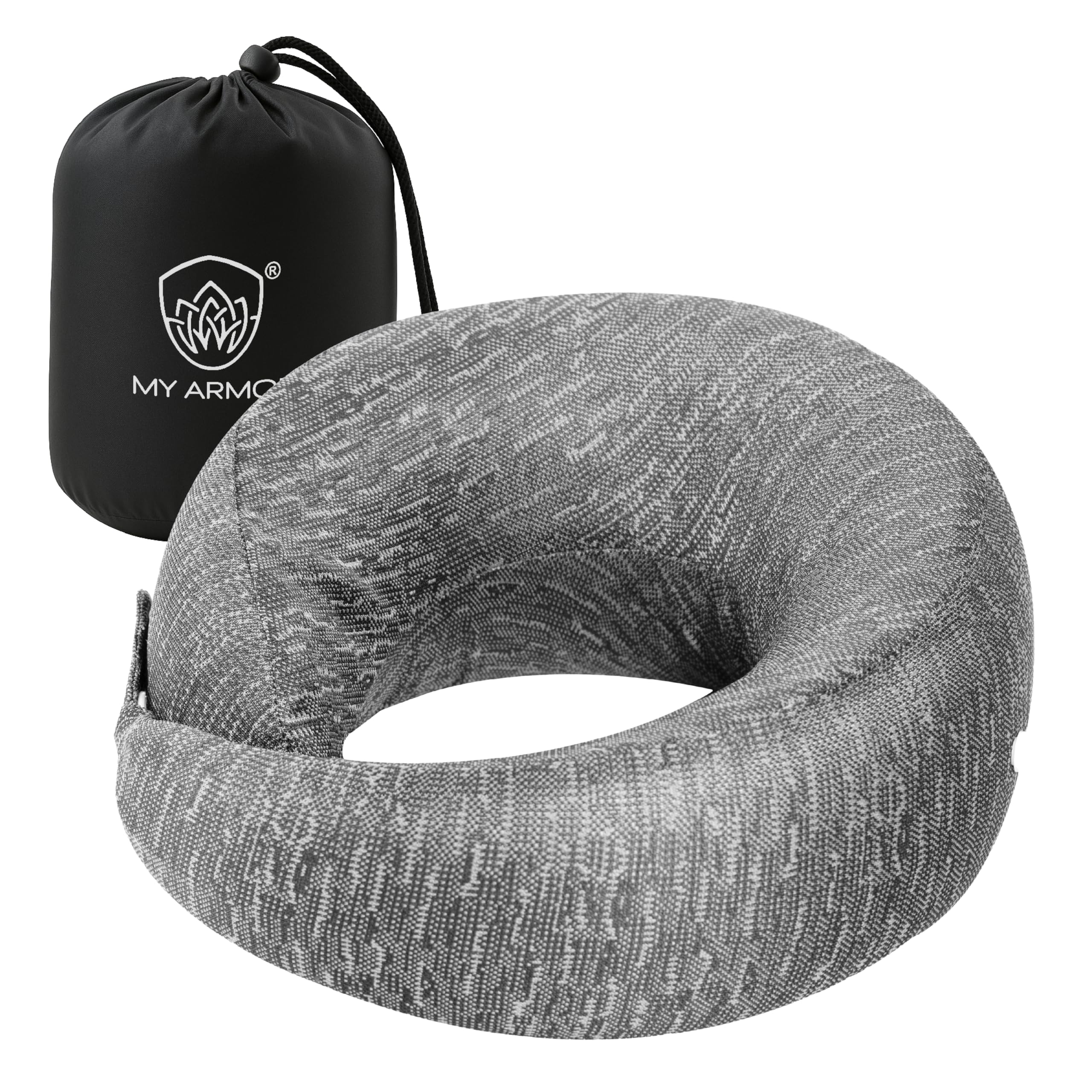 MY ARMOR Memory Foam Travel Neck Pillow for Flights, Car, Train, Variable Height Adjustment to Suit All Sleeping Positions, Breathable & Washable Cover, Grey