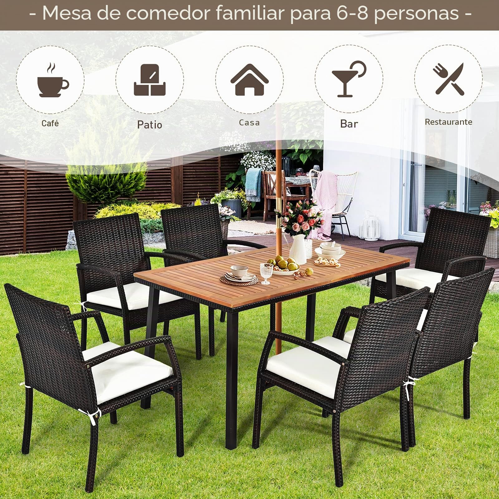GOPLUS - Mesa de jardín al aire libre, mesa de comedor de madera con agujero de sombrilla, ideal para terraza, patio, piscina, 140 x 75 x 76 cm