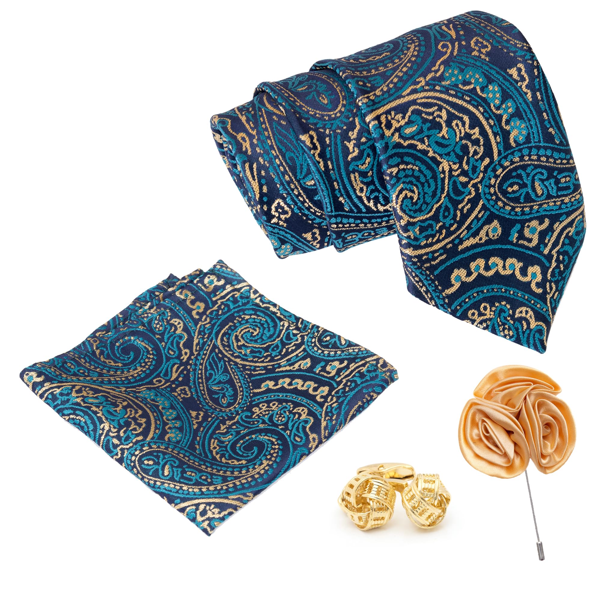Men's Tie, Pocket Square & Cuff links Set and Lapel Pin, Gift Pack for Him