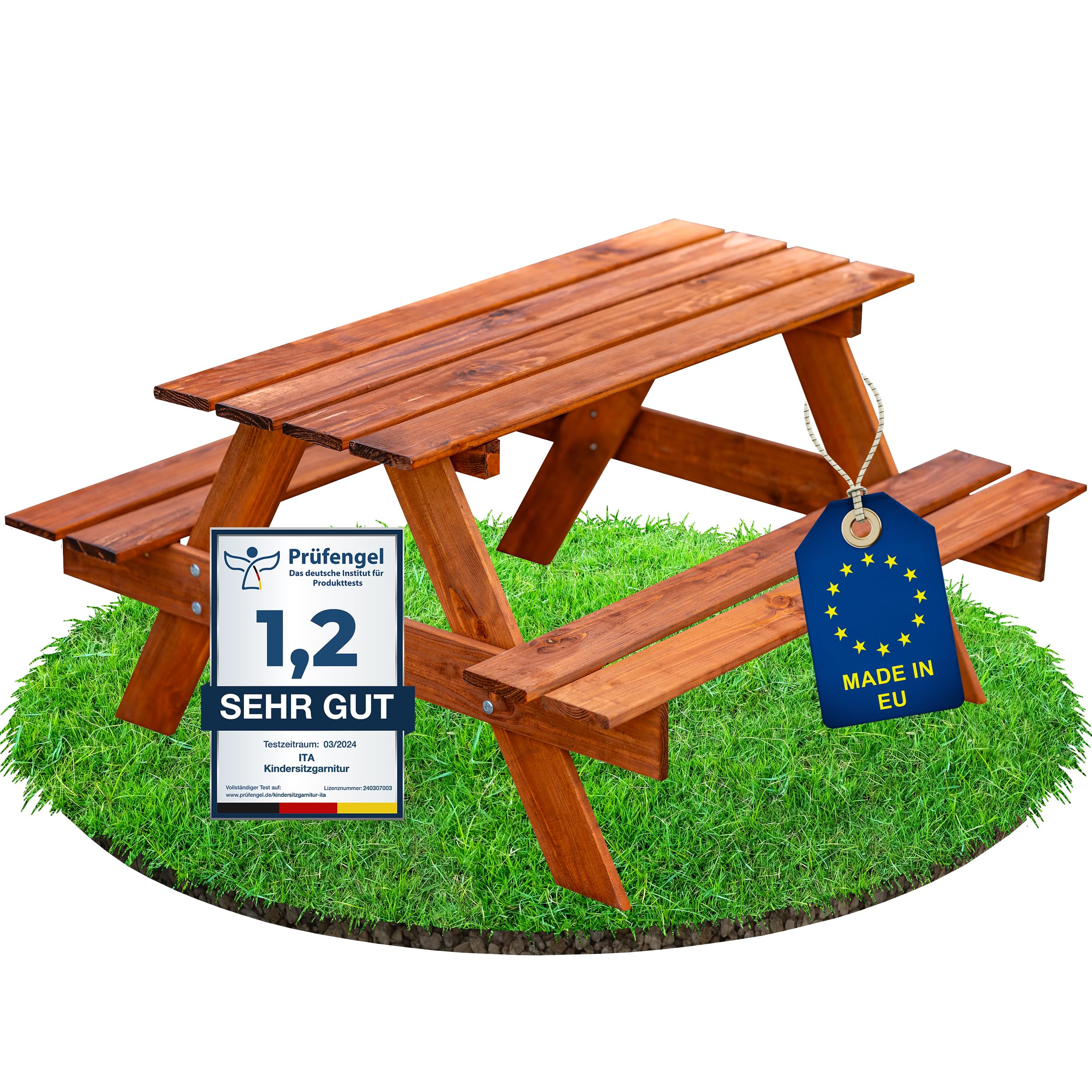 ITA Kinder Sitzgarnitur aus Holz, Picknicktisch mit 2 Bänken für Kinder ab 3 Jahren, Indoor & Outdoor, FSC-Zertifiziert, Made in EU, Braun