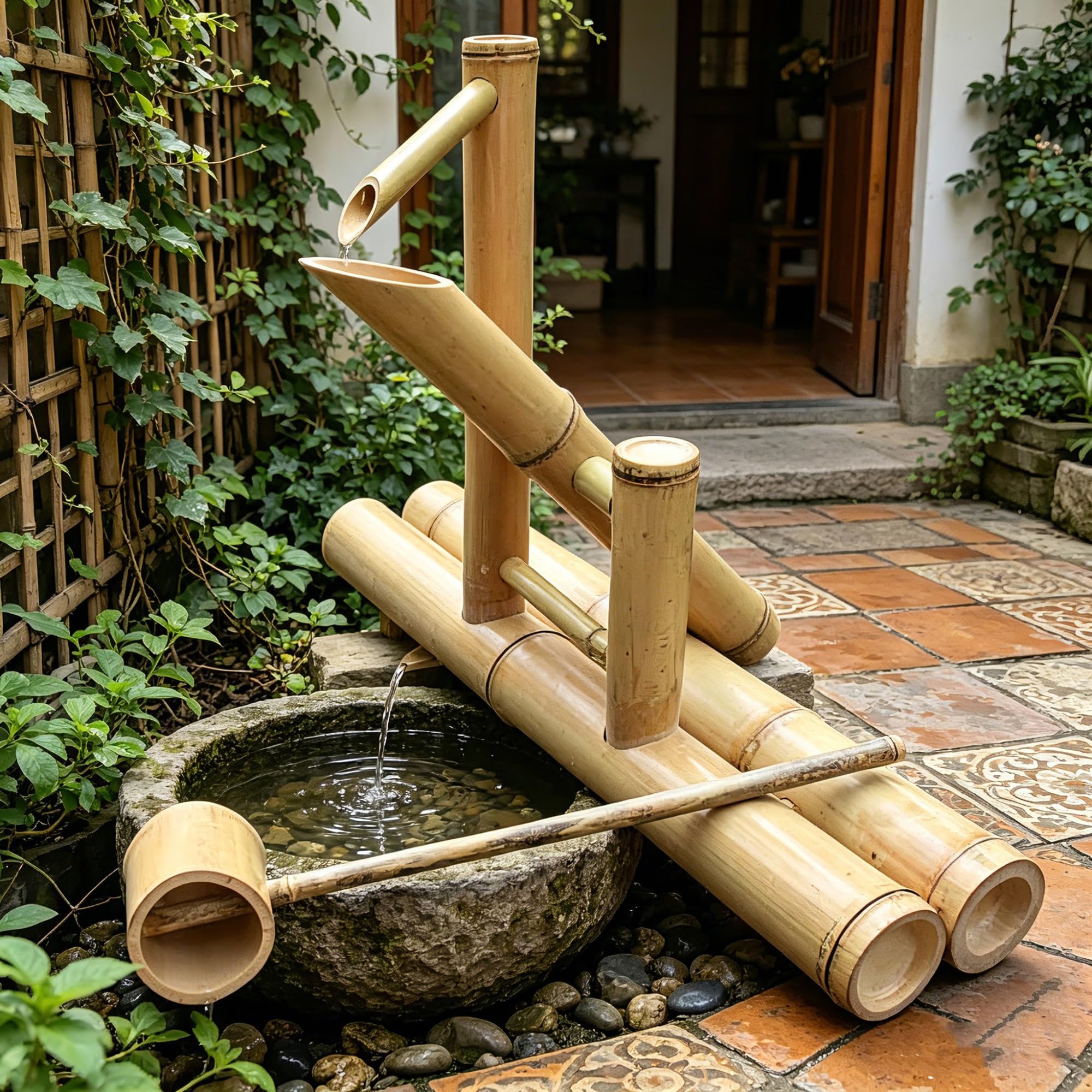Fontana da giardino Zen, kit fontana in bambù ad energia solare in stile giapponese con pannello solare, pompa 'acqua e mestolo, decorazione fai da te for giochi d'acqua for interni