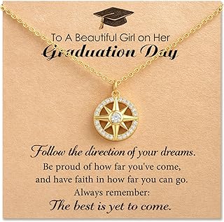 HGDEER Graduation Gift for Her Compass Necklace - Follow Your Dreams 14K Gold Plated Cubic Zirconia North Star Pendant Jewelry for Women with Congratulations Card and Velvet Gift Pouch