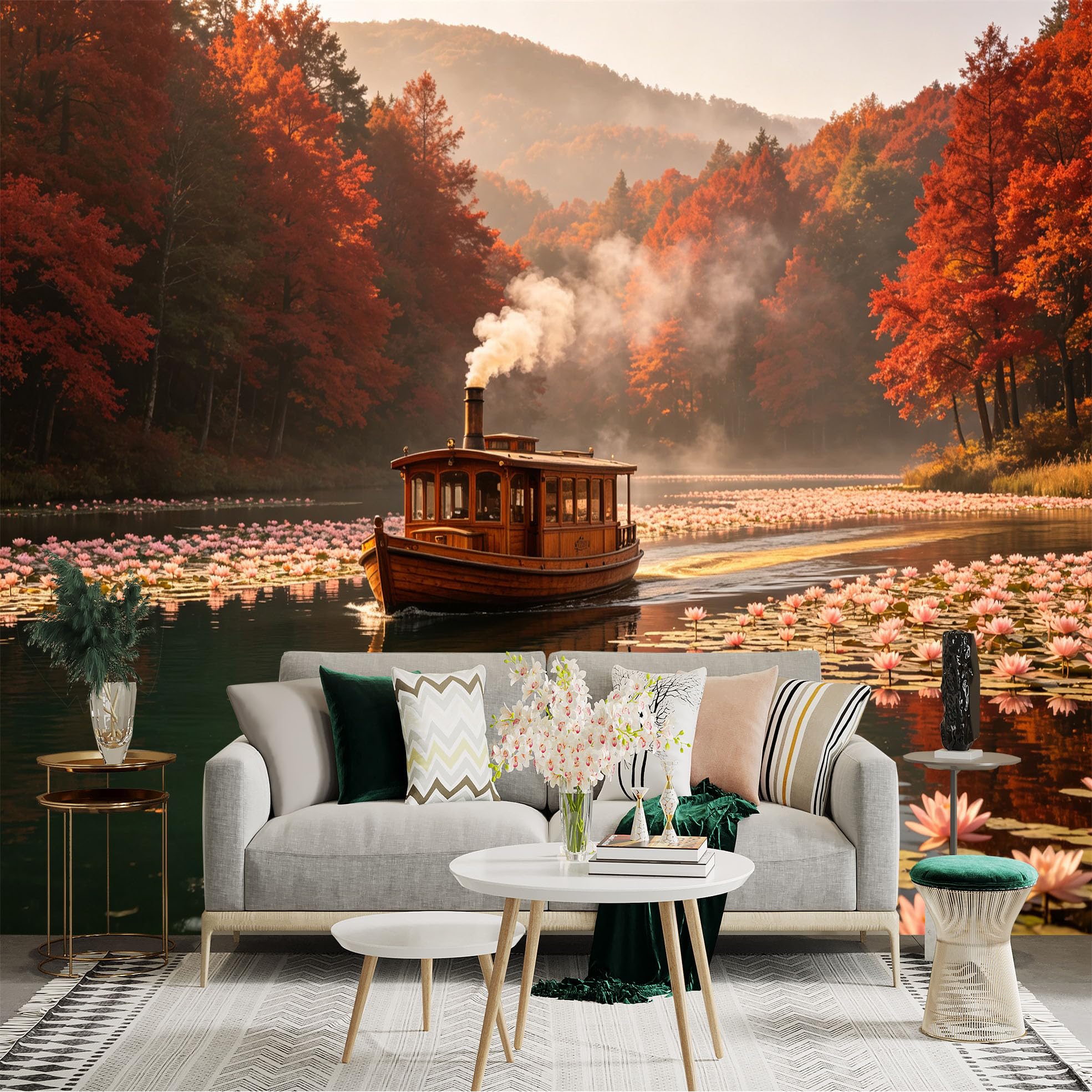 Custom Size Wall Sticker Mural， Retro Steam Boat， Autumn Forest Landscape， Pink Water Lilies on Lake， Misty Morning Scenery， for wall Decoration， peelandstick wall Decals.