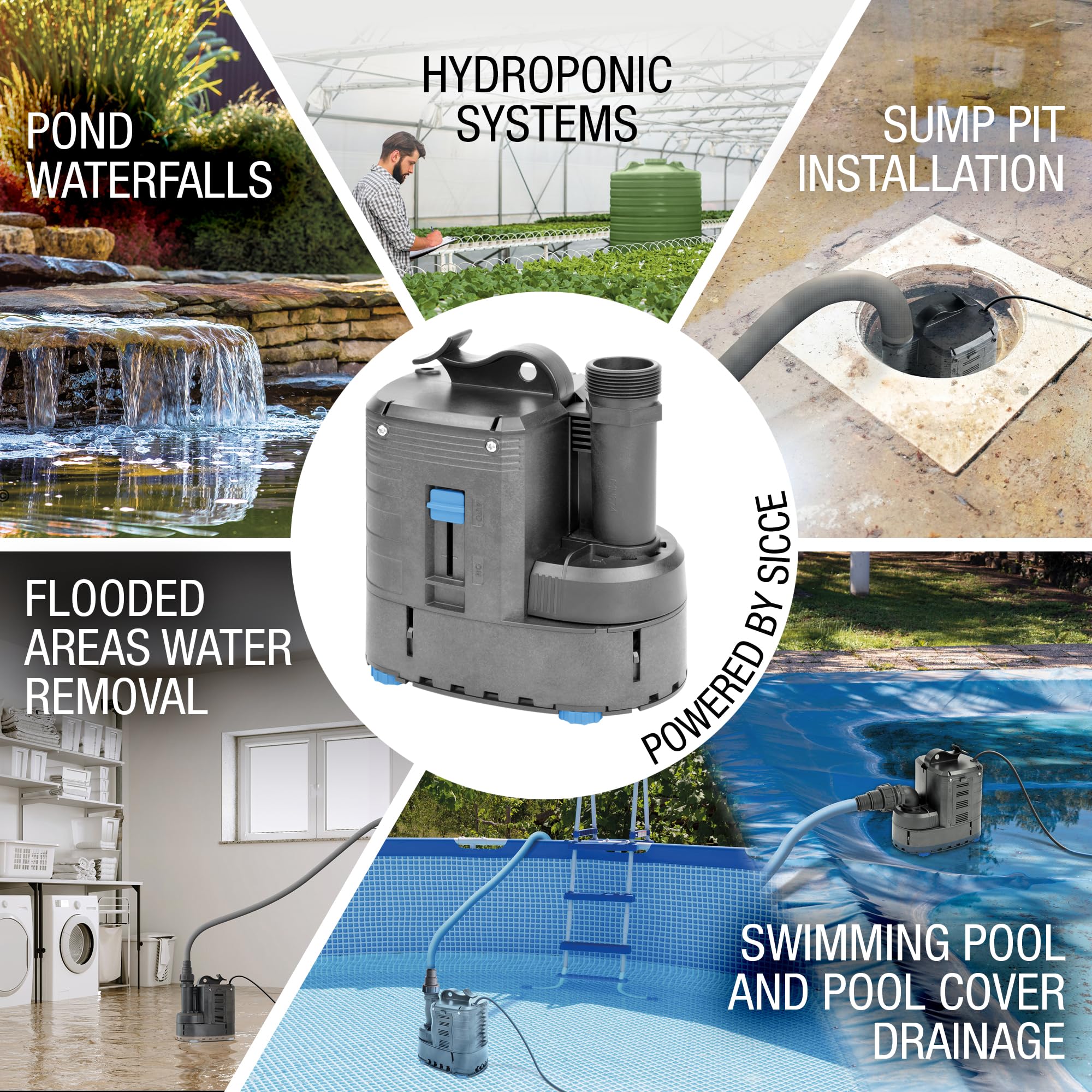 Sicce 1/2 HP ULTRA 9000 Automatic Water Pump Submersible 2245 GPH with 20-Ft. Cord | Swimming Pool Cover Sump Aquarium Portable Utility Transfer Pump