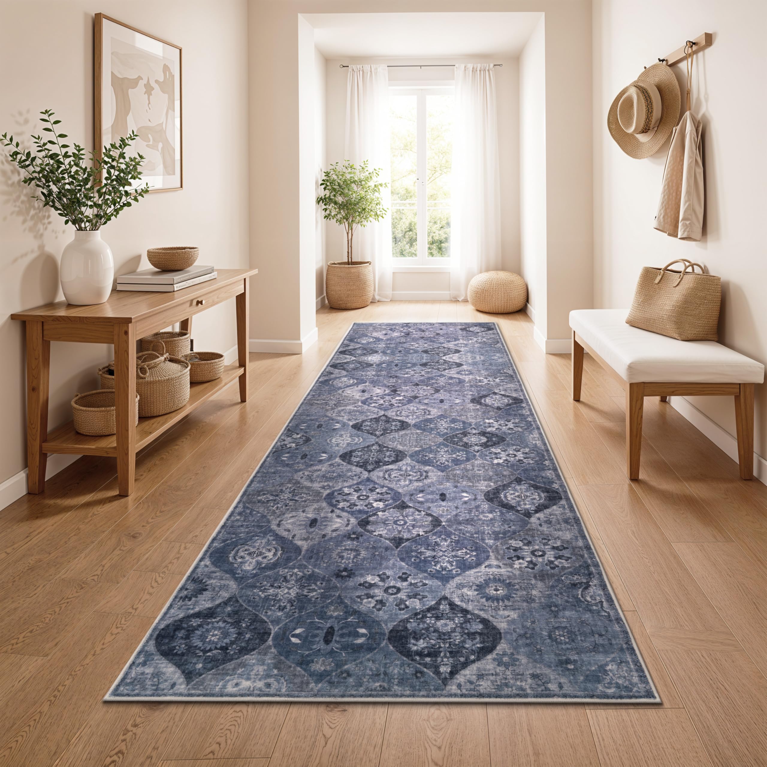 Paco Home Vintage Teppich Läufer Kurzflor Boho Stil Waschbar & rutschfest pflegeleicht modernes Retro Design, Farbe:Blau, Größe:80x150 cm