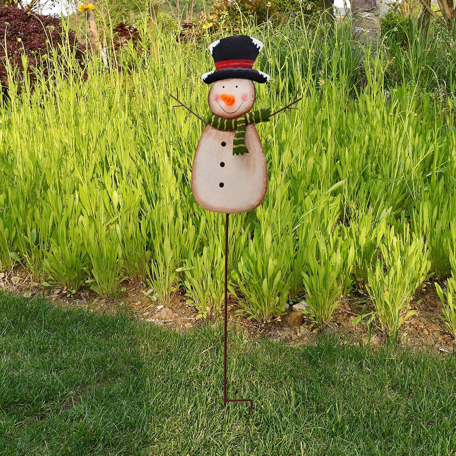 Christmas Snowman Garden Stake Decor, Outdoor Metal Yard Sign Lawn Stake With LED Battery Operated Blinking Nose, Holiday Decoration (Batteries Not Included)