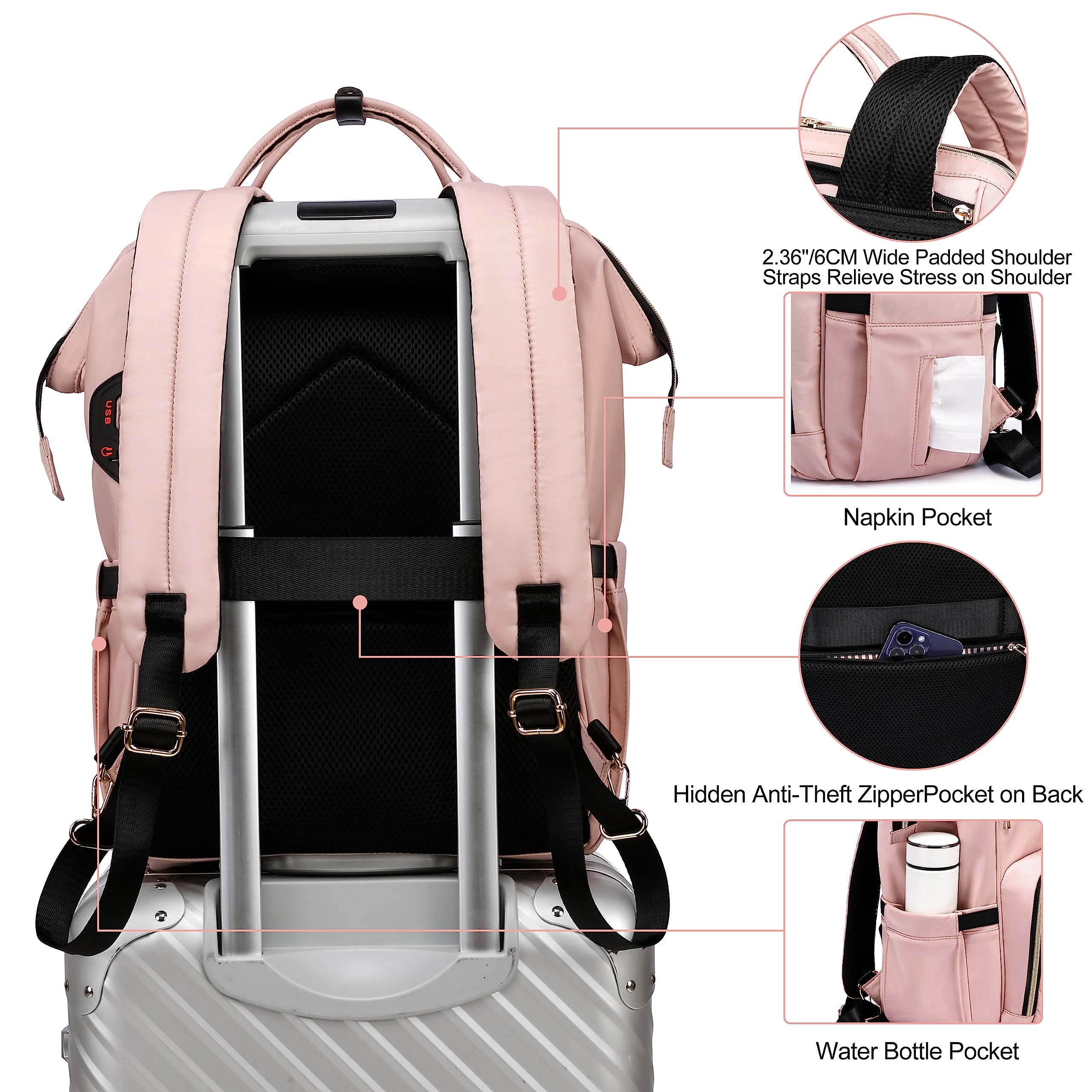Zaino del computer portatile per le donne, Borse del computer di viaggio di lavoro, Zaino dell'insegnante per le donne, Rosa Casual College Daypack, Fit 17,3 pollici laptop