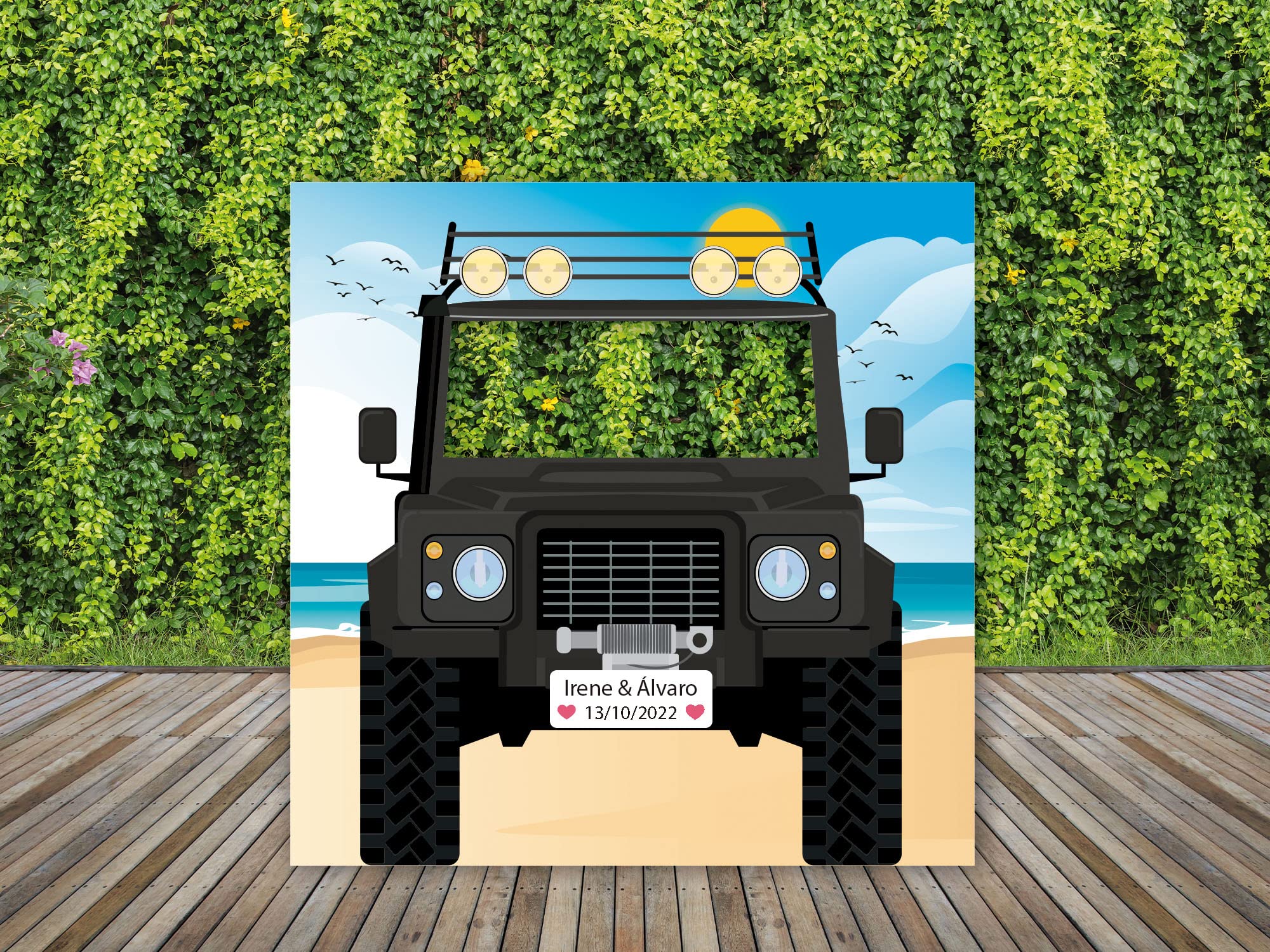 Oedim Photocall Coche Negro Playa Personalizado Boda, 140x140cm, Photocall Decorativo para Eventos o Celebraciones puntuales, Photocall Divertido