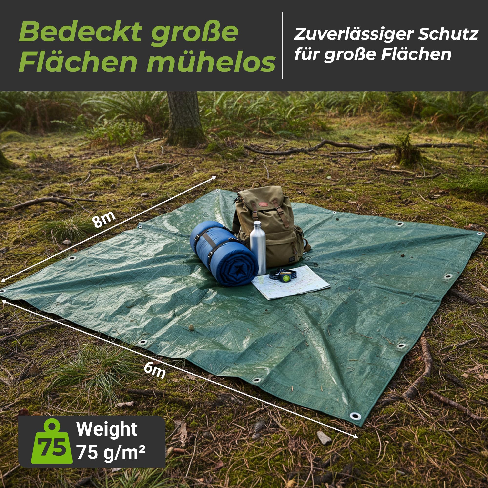 Colorus Gewebeplane 48m² | Grün 6 x 8 m | Gewebeplane wasserdicht | Wetterschutzplane mit Ösen | Abdeckplane für Holz & Gartenmöbel | Allzweckplane