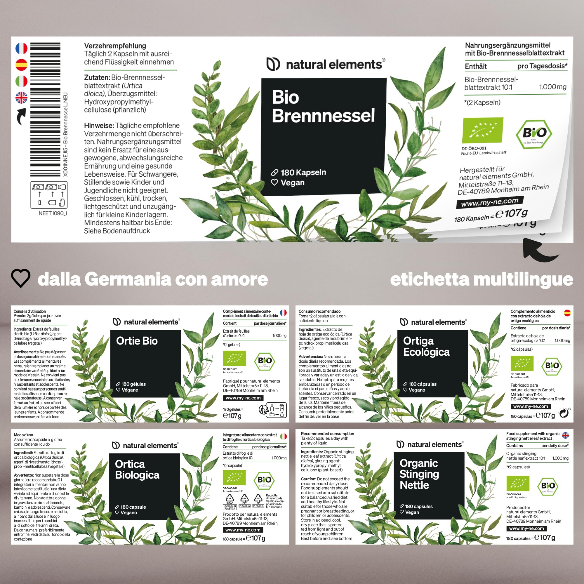 Ortica Biologica – 180 capsule – estratto di foglie di ortica 10 : 1 – vegano, ad alto dosaggio, senza additivi inutili – prodotto e testato in laboratorio in Germania