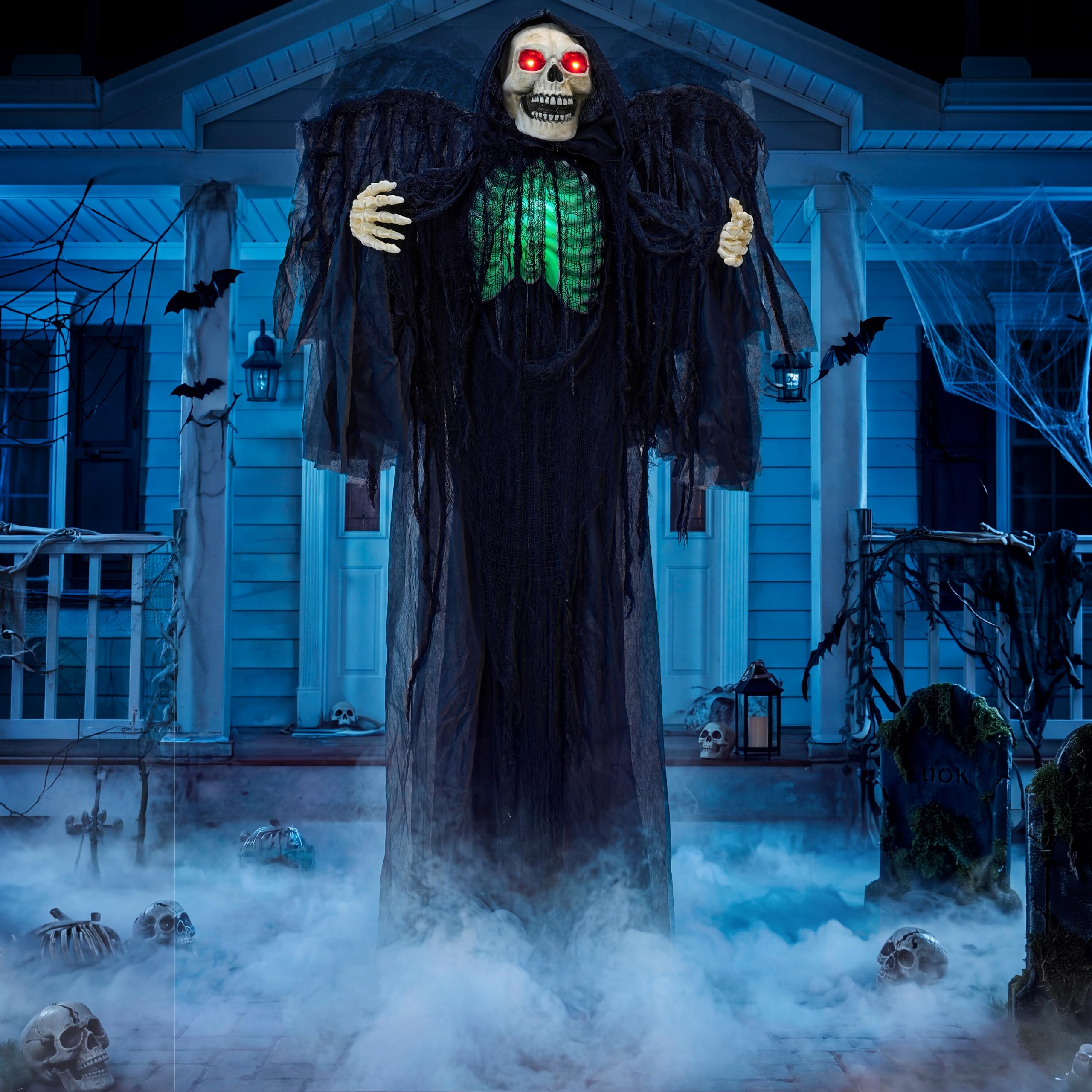 JOYIN 63" Halloween Animatronic Grim Reaper Decoración con alas, Fantasma de pie de tamaño Real con Ojos iluminados, Sonido Espeluznante y Cuerpo móvil
