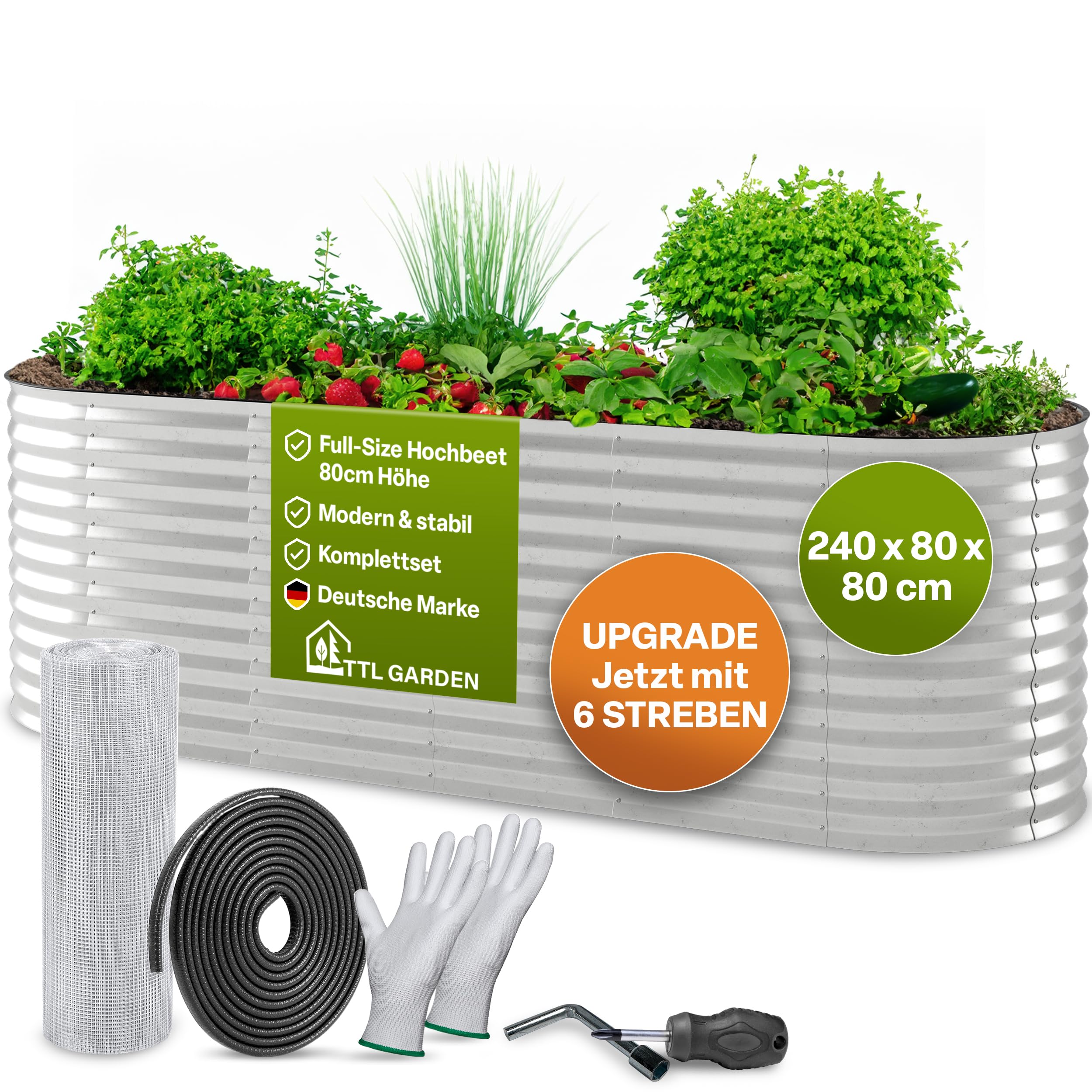 TTL GARDEN 240x80x80cm Spirit L Metall Hochbeet Silber - Stahl rostfrei verzinkt Wellblech ovale Form sehr groß stabil & wetterfest Garten Beet für Gemüse Kräuter Blumen Gartenbeet Gemüsebeet