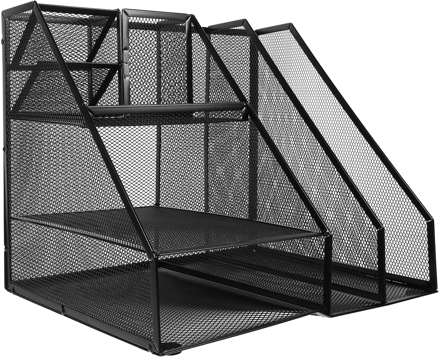 YARNOW Metal Mesh File Organizer Rack for Desktop Document and Paper Storage, Black 2-compartment 3-tier Office Desk Sorter with Left Pen Holder for Workspace Organization