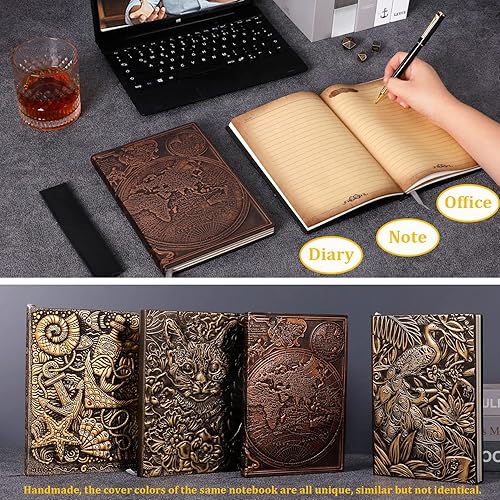 Miniatura 10 de FEIDIAO Roc - Cuaderno de cuero en relieve, con bolígrafo y funda para bolígrafo (bronce)