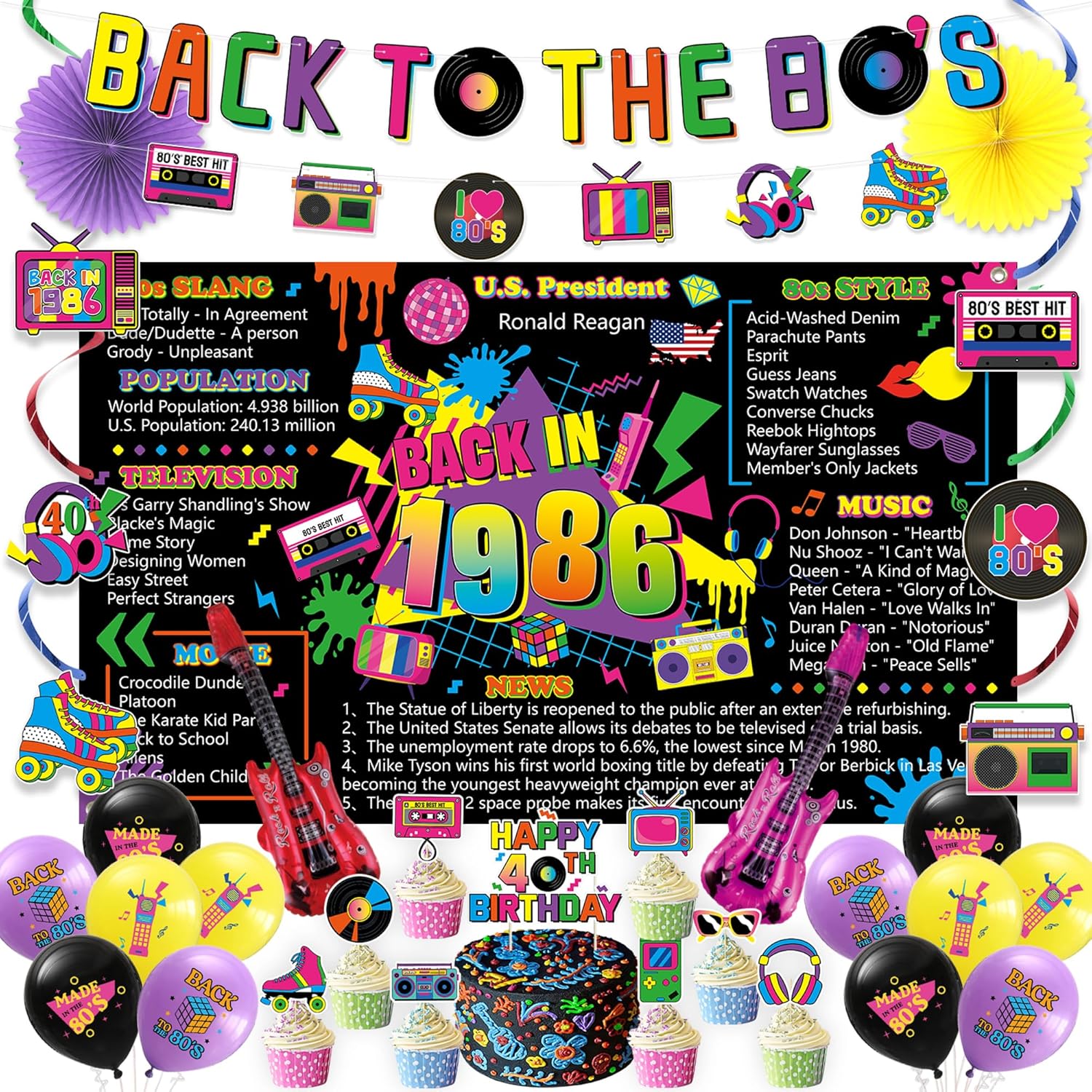 Vlipoeasn 40th Birthday Decorations, 80s Retro Back in 1986 Party Supplies with Poster Backdrop Banner, Hanging Swirls, Cake Cupcake Toppers, Paper Fans, Guitar Foil and Latex Balloons