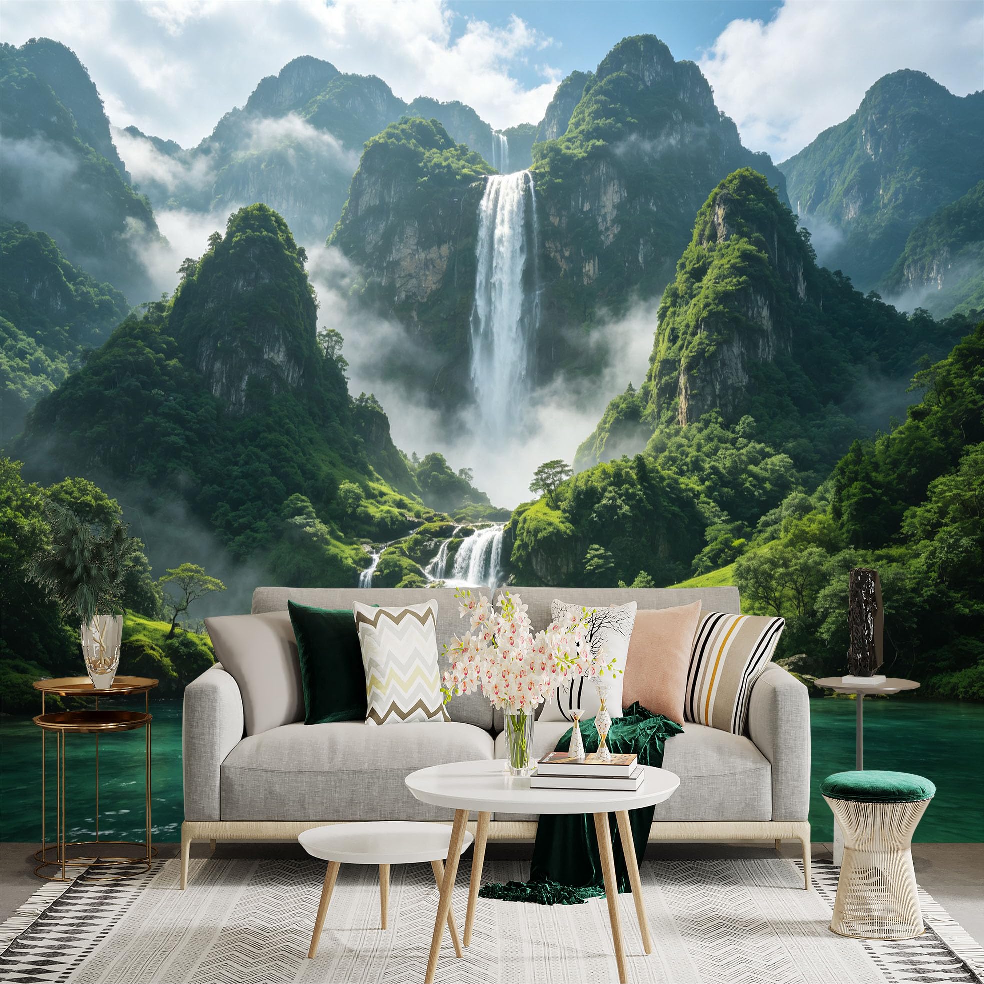 Custom Size Wall Sticker Mural， Majestic Waterfall in Misty Mountains， Lush Green Forest Landscape， Turquoise Lake Scenery， for wall Decoration， peelandstick wall Decals.