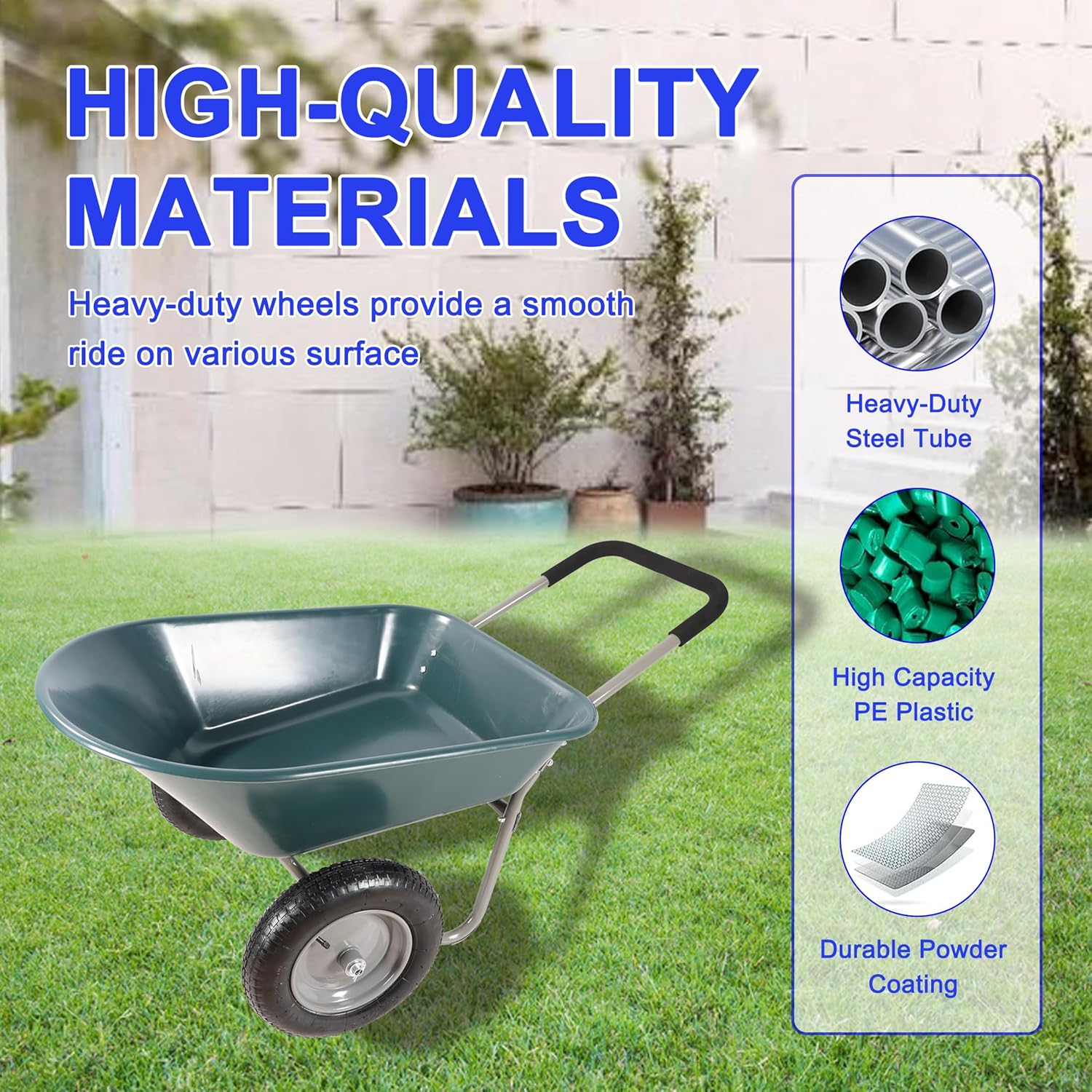 Two-Wheelbarrow, Garden cart, Unicycle, 15-inch Pneumatic tire, Heavy Garden cart, Bearing up to 330 pounds.
