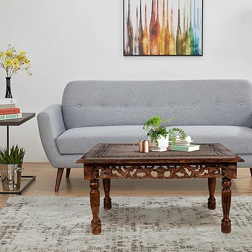 Miniatura 2 de Mesa de café rectangular de madera con talla Jali, mesa de café estilo granja, mesa rústica central, estilo de mediados de siglo, muebles rústicos y