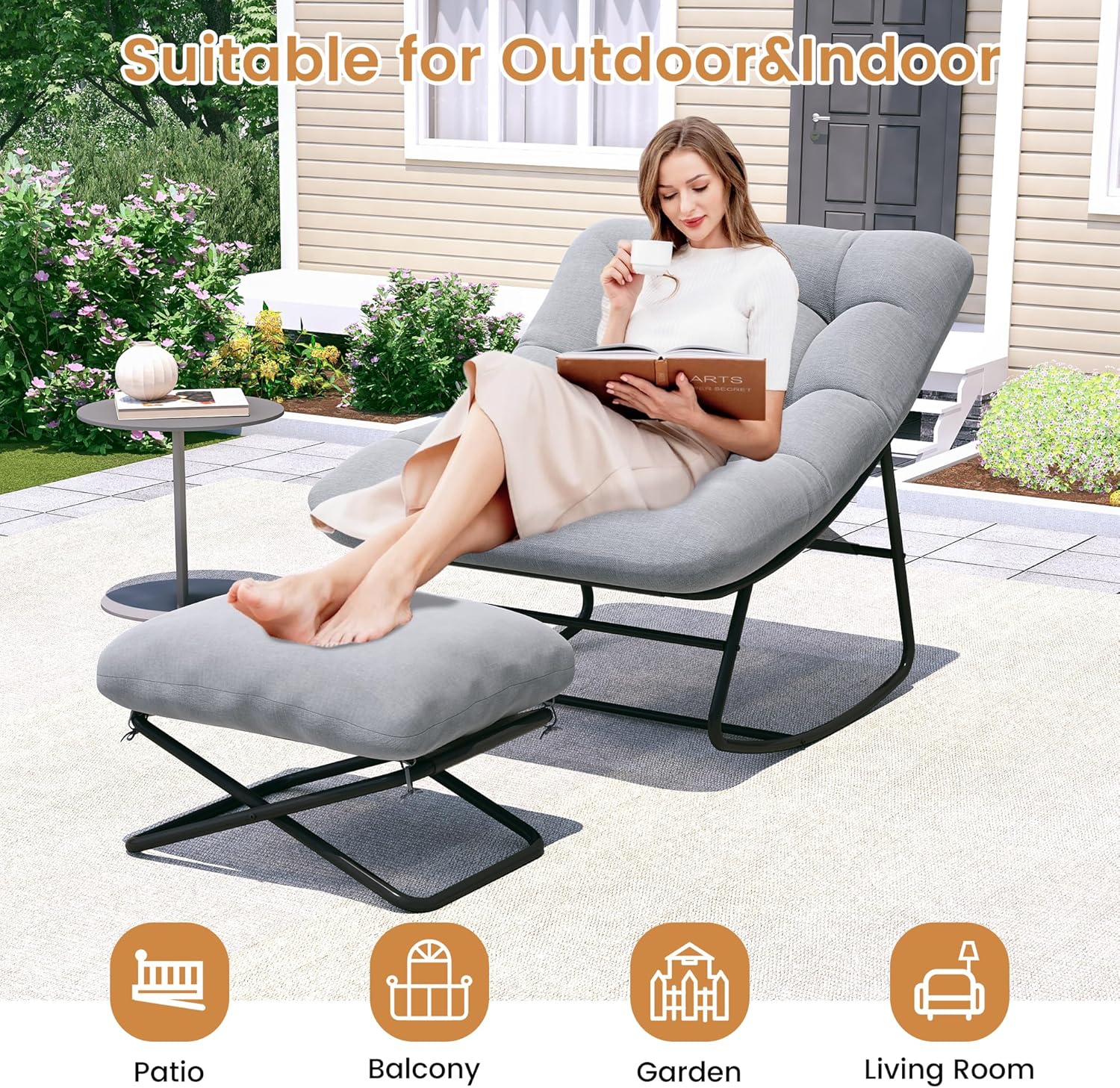 Outdoor Rocking Chair with Footrest, Oversized Papasan Rocking Chair with Metal Frame&Cushion, Patio Egg Rocker Lounge Chair for Porch, Balcony, Bedroom, Living Room, Gray