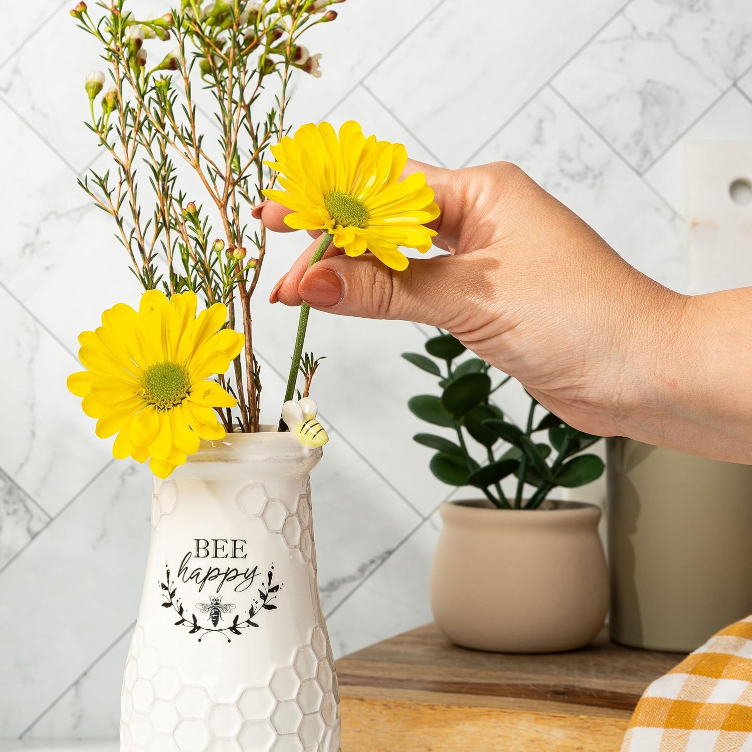 Young's Inc. Ceramic Flower Vase (Bee Happy) - White Ceramic Vase - Honeycomb Decor - 3" L x 3" W x 8" H Contains one Flower vase