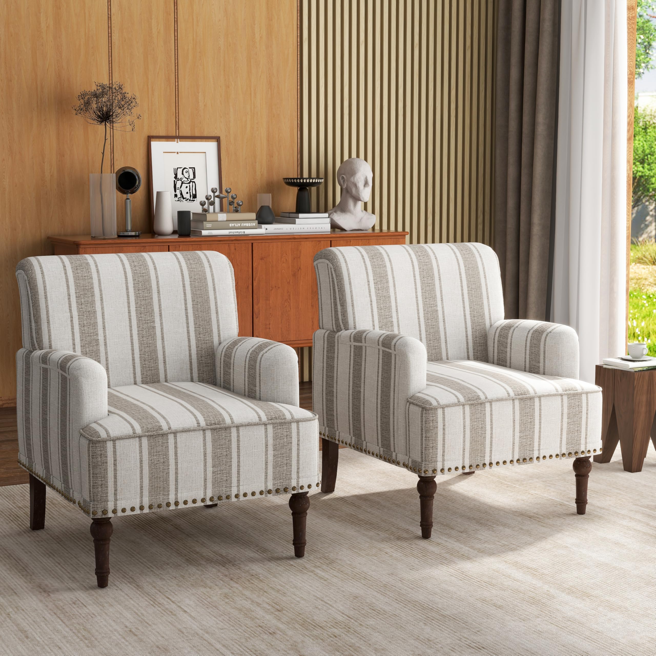 UIXE Stripe Accent Chairs Set of 2, Living Room Arm Chair Modern Nailhead Trim Club Armchair, Comfy Upholstered Sofa Lounge Seat Reading Seat Bedroom