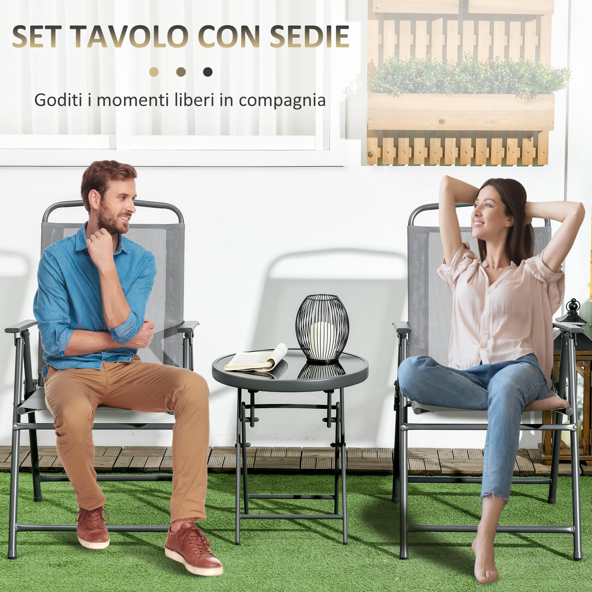 Outsunny Set da Giardino 3 Pezzi con Sedie e Tavolino Pieghevoli in Metallo e Vetro Grigio Chiaro per Patio
