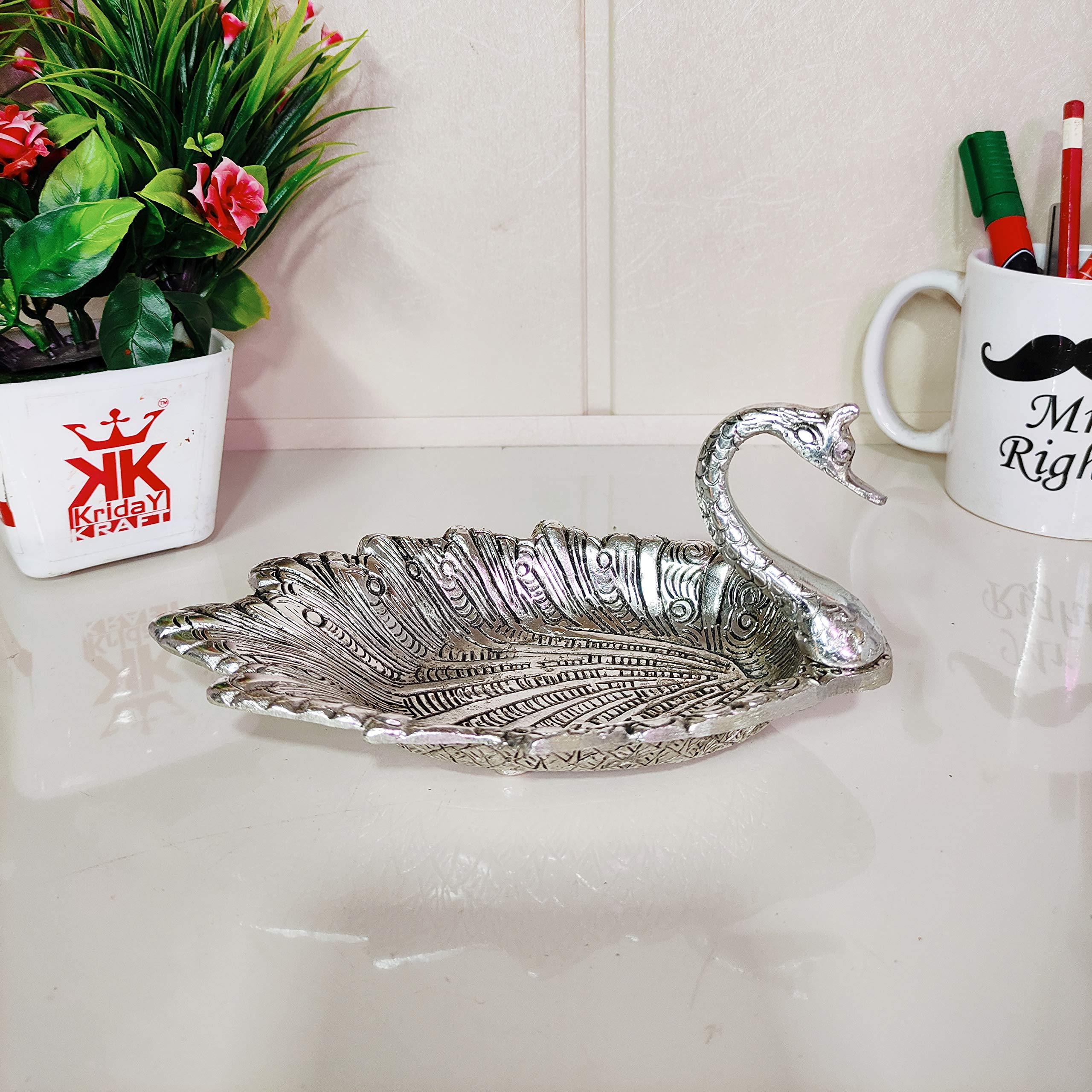 KridayKraft Metal Duck-Shaped Dry Fruit Tray Curved Dish   – Handcrafted Decorative Silver Finish Dish for Tabletop & Home Décor – Elegant Centerpiece for Festive, Living Room or Gift Use (19 x 9 x 10 cm) - Image 4 thumbnail