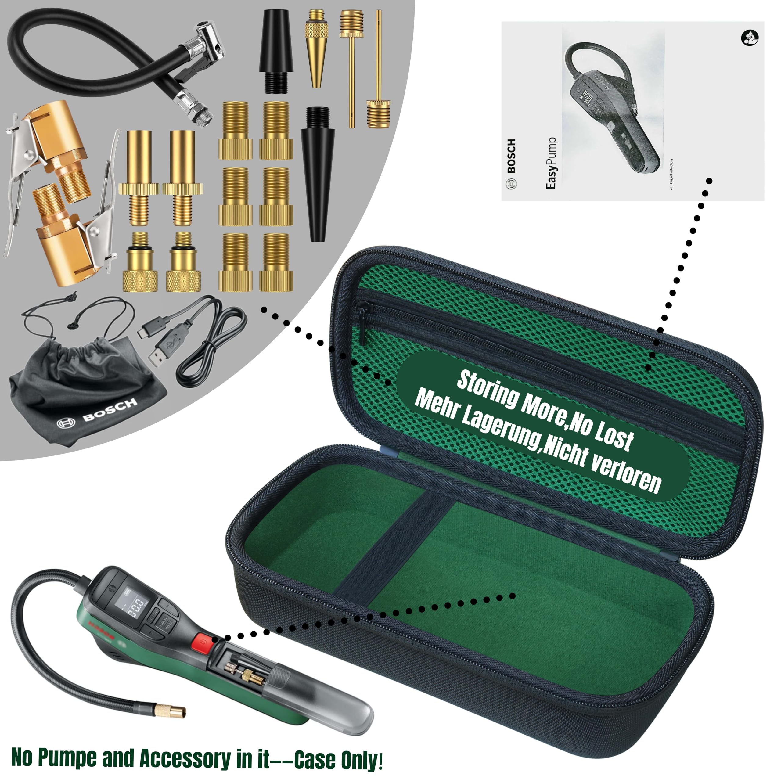 Sac compatible avec pompe à air électrique/mini compresseur EasyPump portable rigide étui de voyage étanche pour EasyPump Noir/vert (sac uniquement, sans pompe), vert, Couleur unie